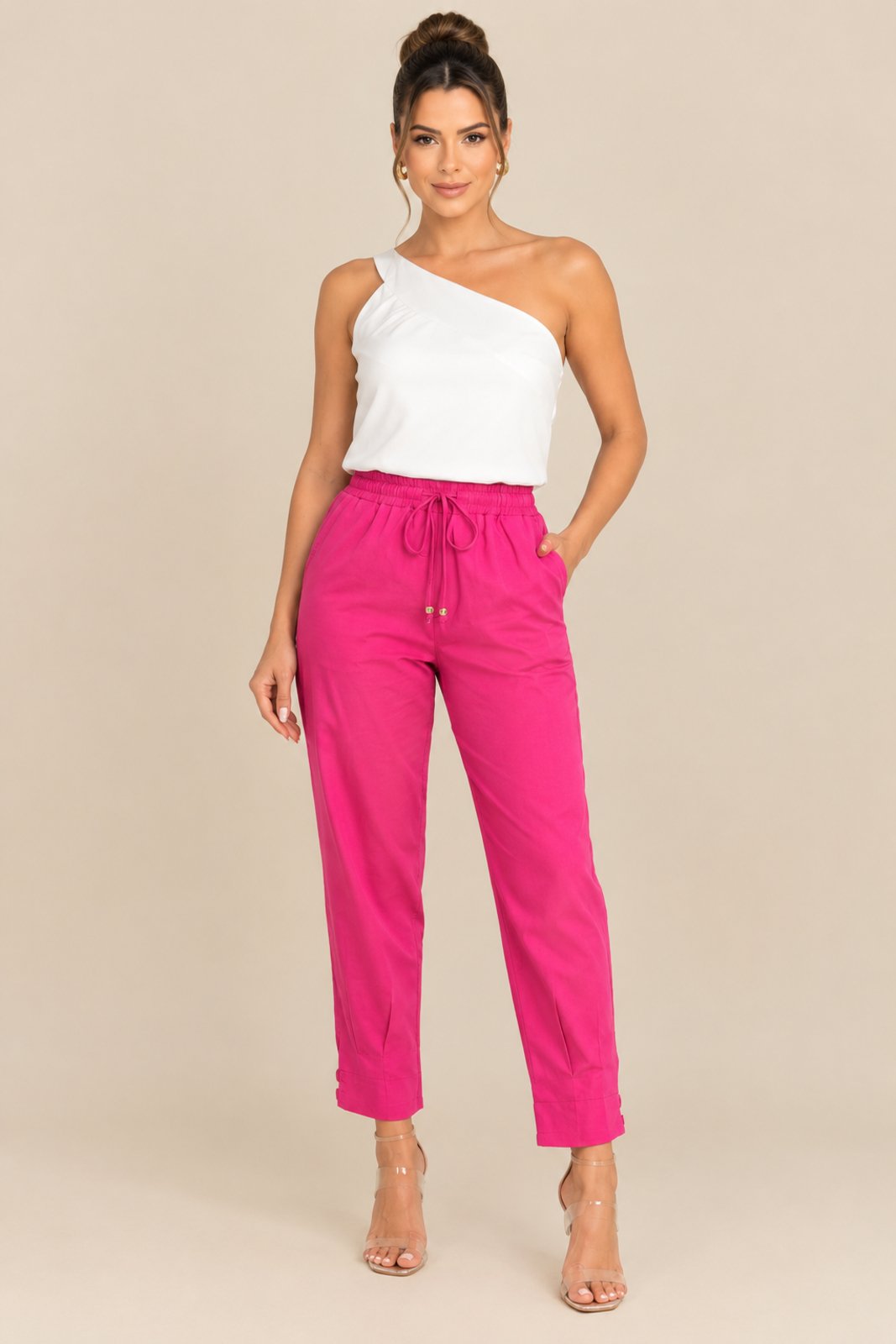 Calça Feminina Lapetry com botão na barra Pink Elegante