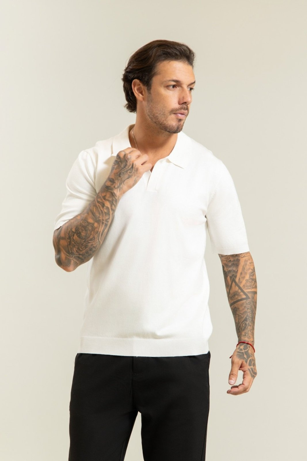 Camisa Polo Tricot Casual Lisa em Viscose Branco Dialogo
