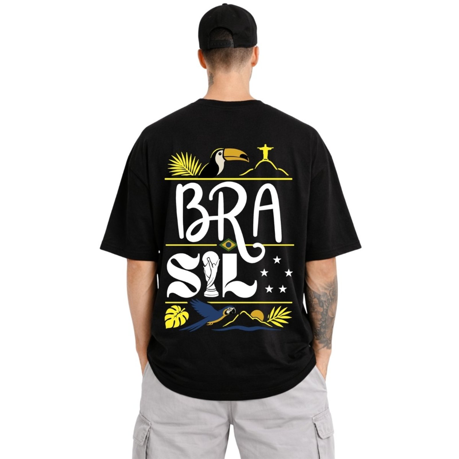Camiseta Oversized Masculina Streetwear Estampada 100% Algodão Brasil Arara Preto