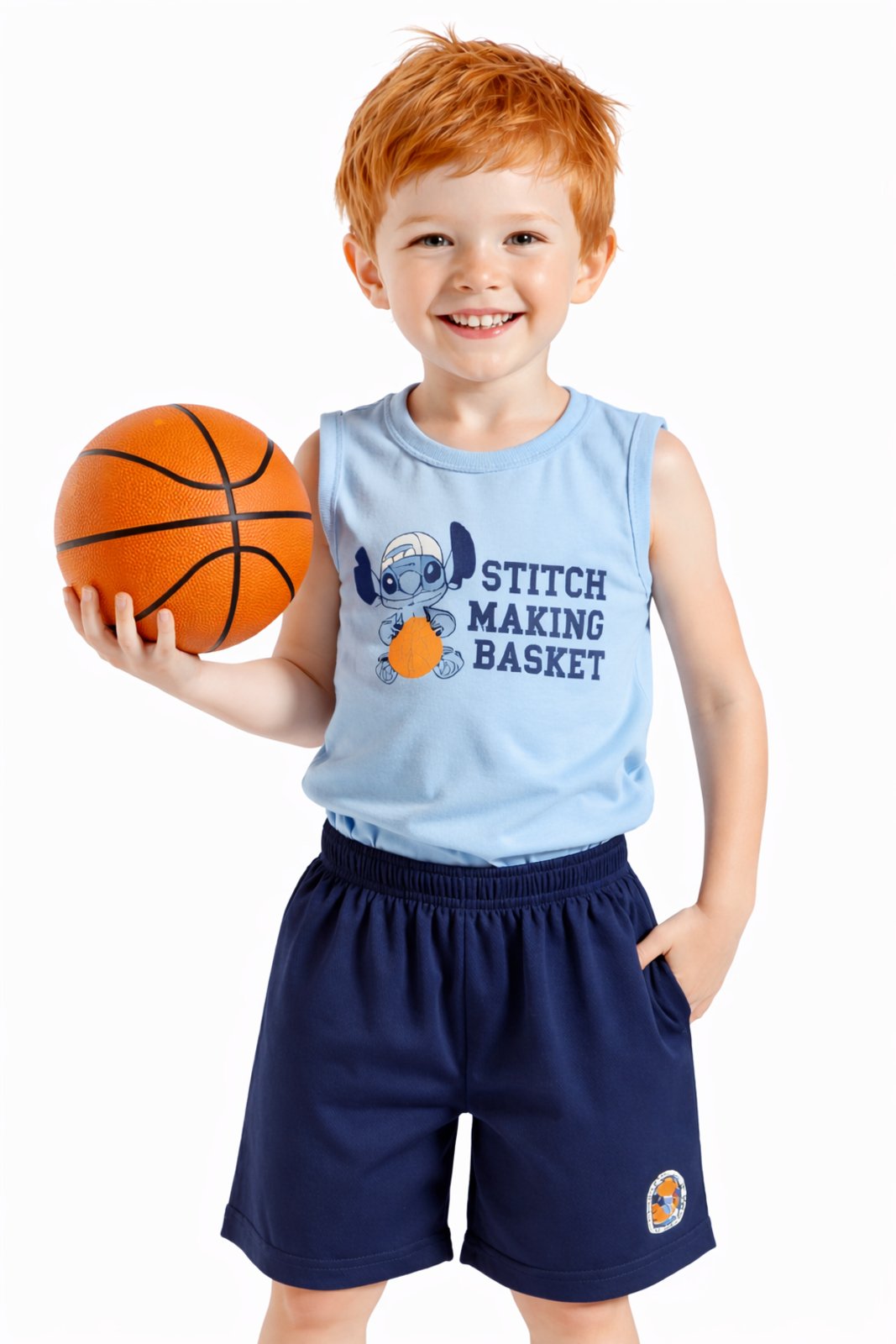 Infantil - Conjunto Stitch Disney Basquete com Textura Azul