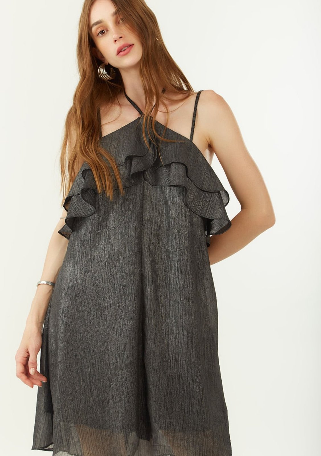 Vista 2 Vestido Zinco Solto Decote Reto Com Alça Curto Zinco preto