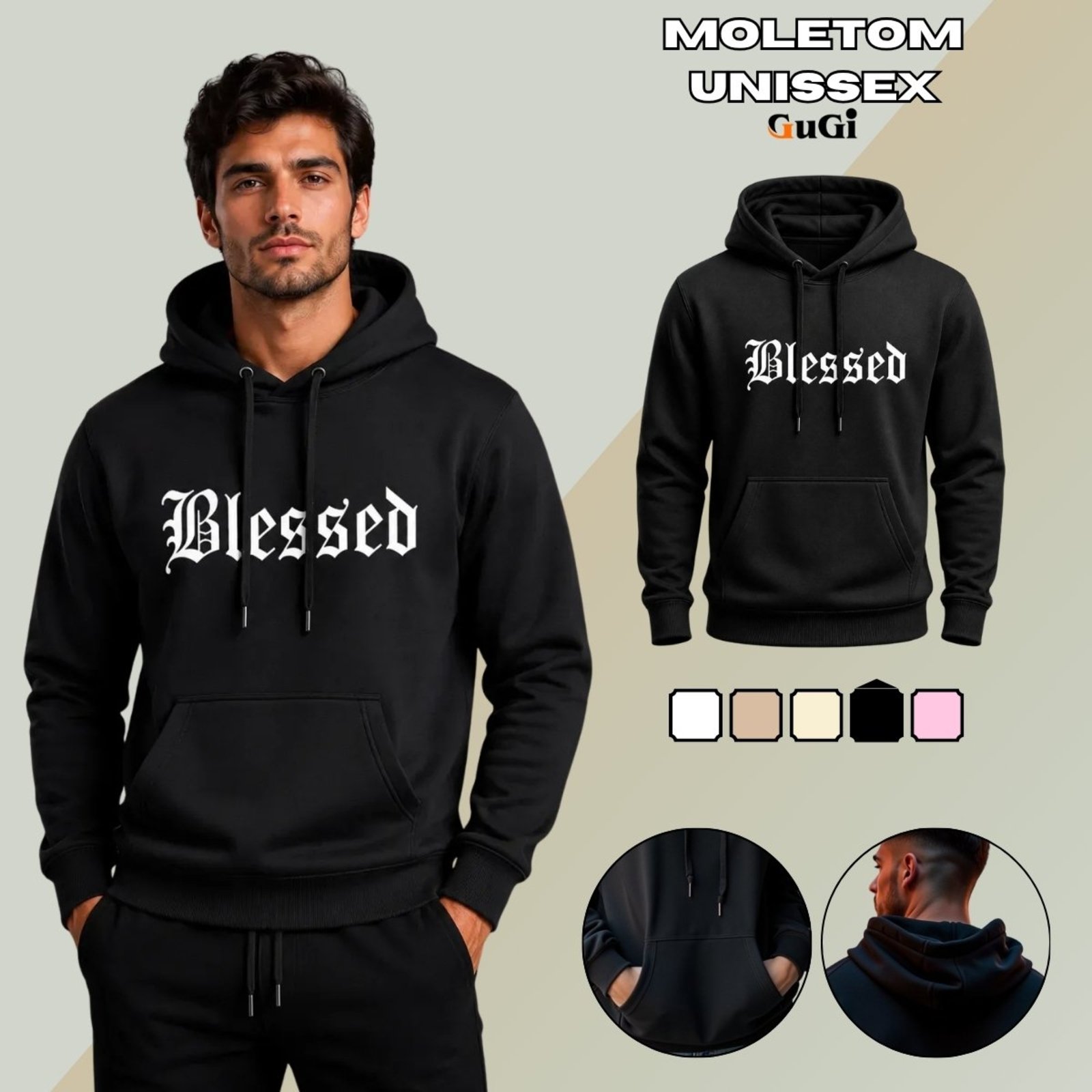 Moletom Canguru Unissex Com Capuz Blessed Abençoado GuGi - Preto