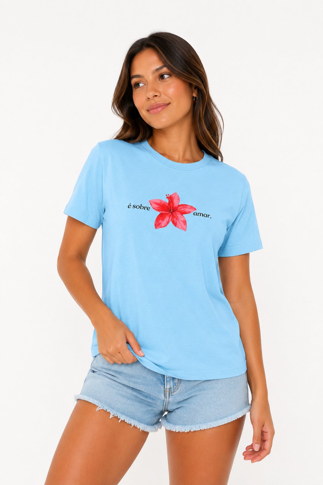 Camiseta Feminina D Bell Outlet Fashion Estampada Algodão Azul Claro