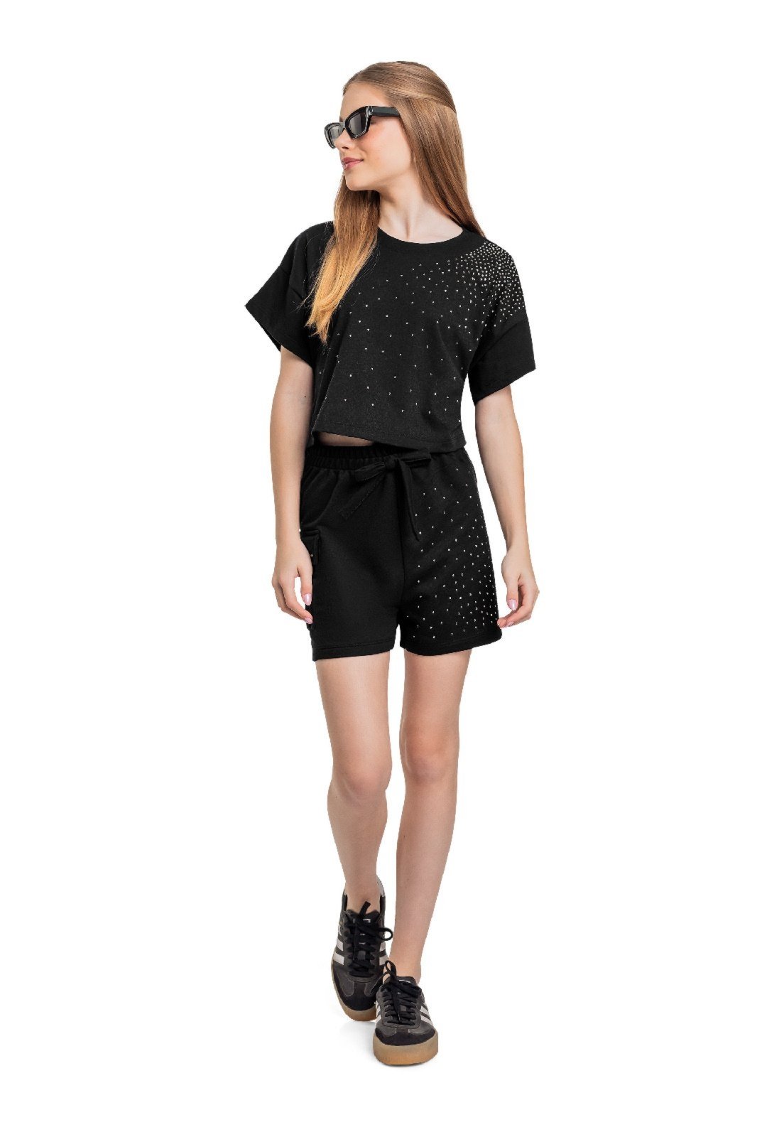 Infantil - Conjunto com Blusa e Short com Strass Gloss Preto