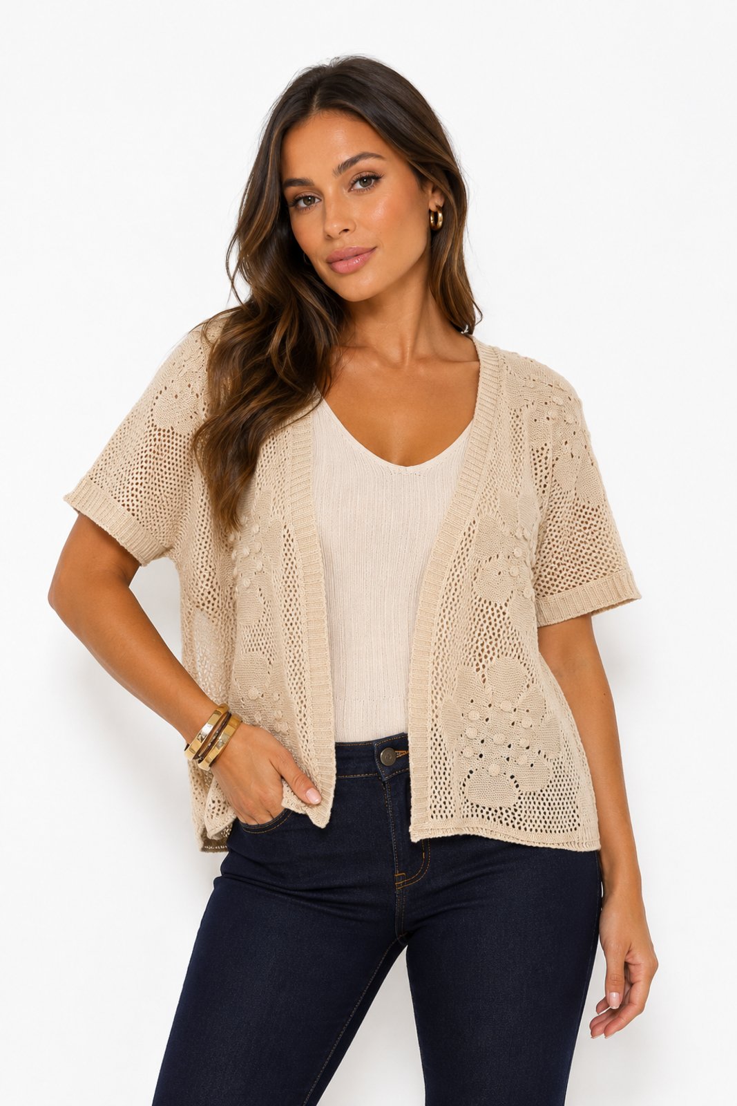 Cardigan Tricôt D Bell Outlet Fashion Tricot Vazado Manga Curta Areia