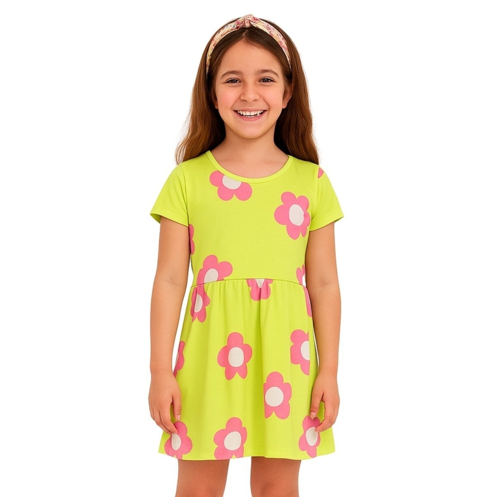 Vista 3 Infantil - Vestido Brandili Manga Curta Flores Lima verde Brandili verde