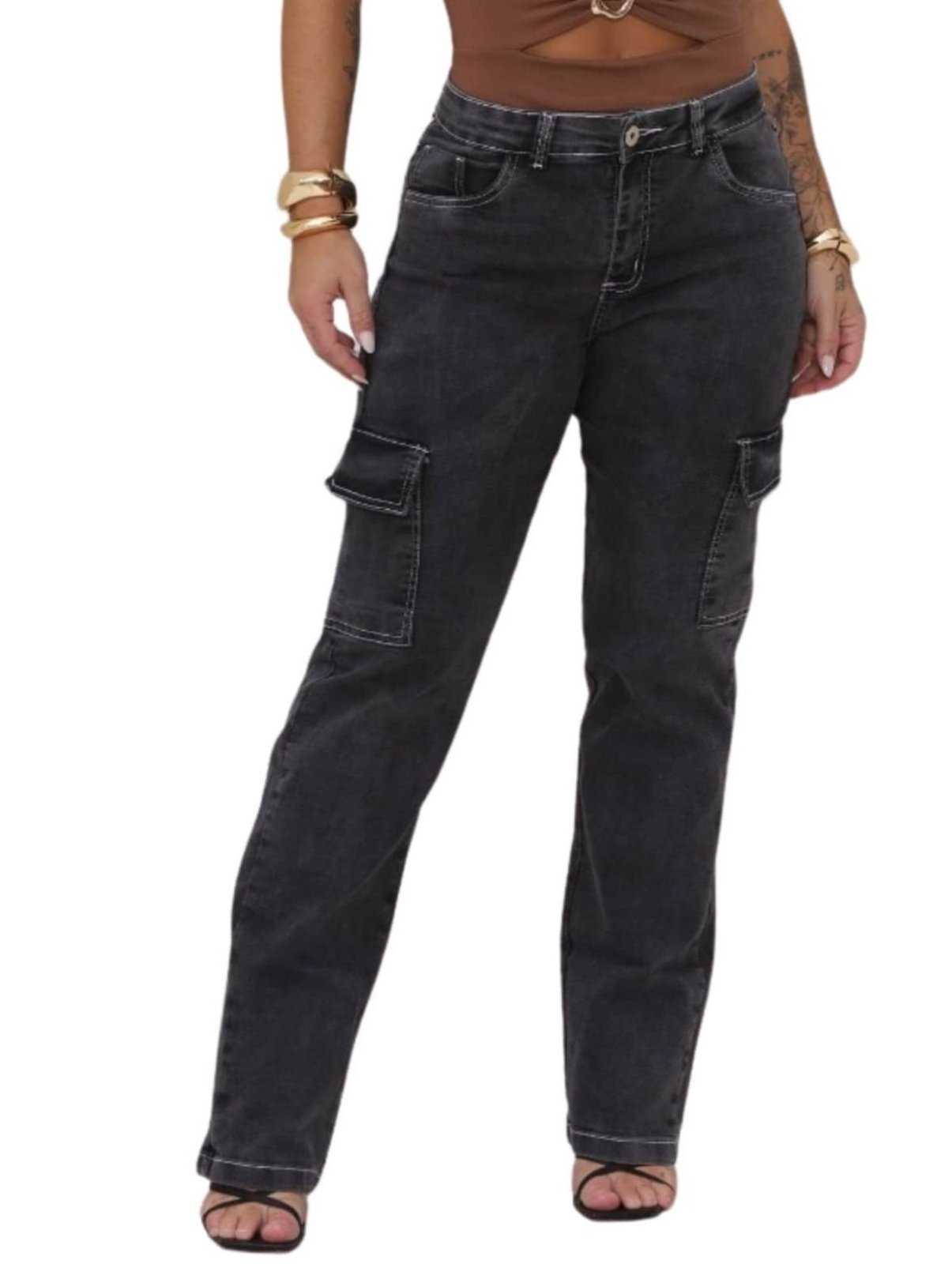 Calça Cargo Feminina Cinza Grafite Jeans Loka
