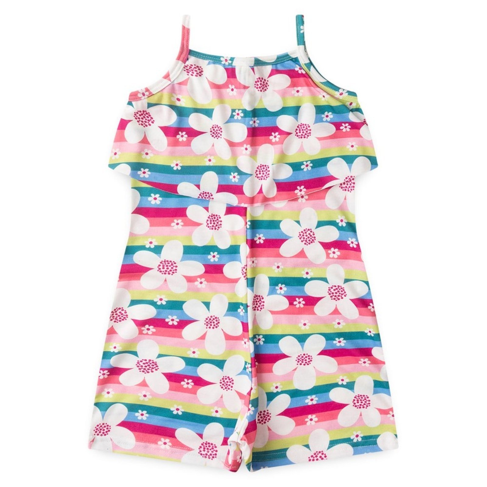 Vista 2 Infantil - Macaquinho Molekada Verão Menina Pink Com Babado Flores e Listras rosa pink Molekada rosa pink