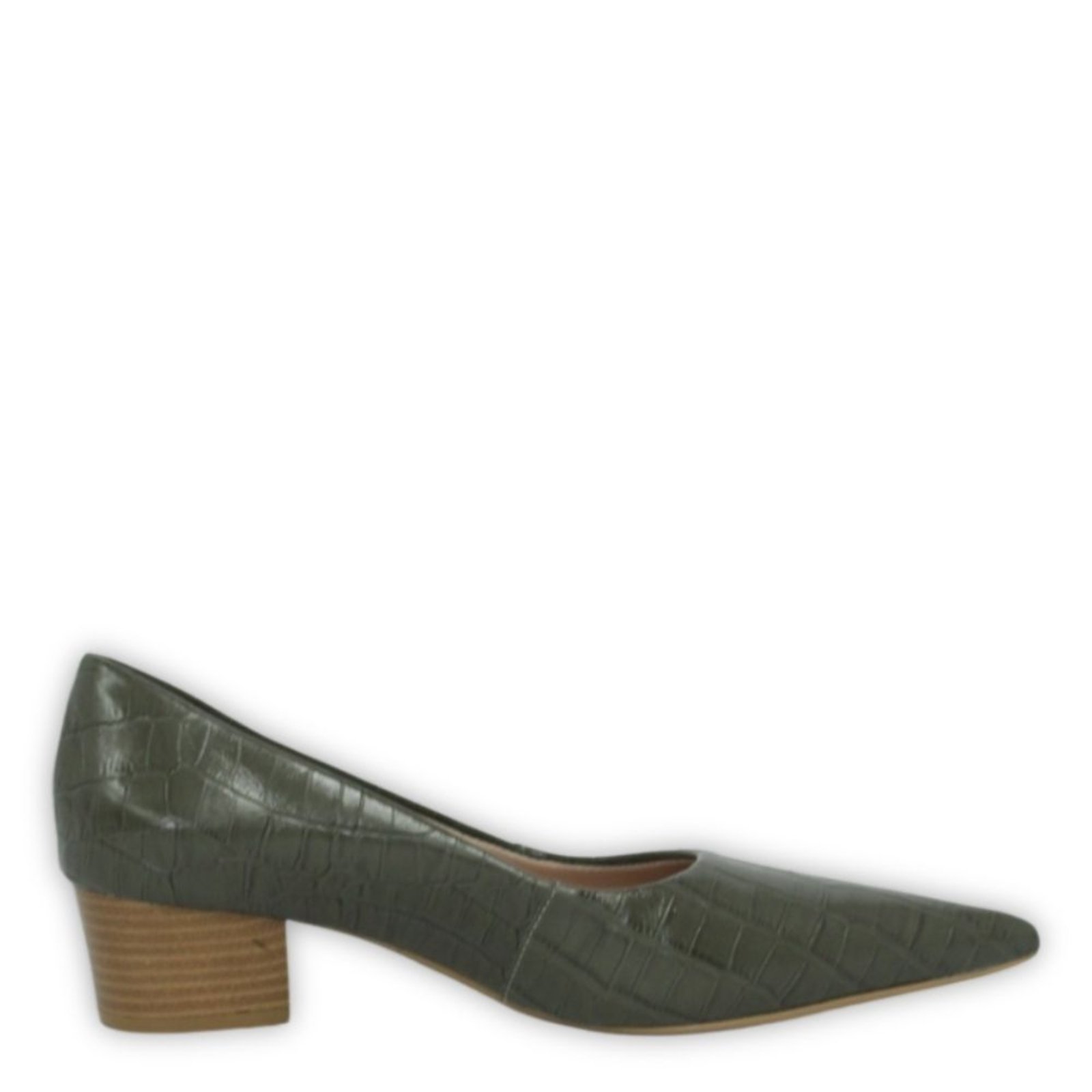 Scarpin Bico Fino em Couro Salto Grosso 4 CM Croco Verde Spinelli
