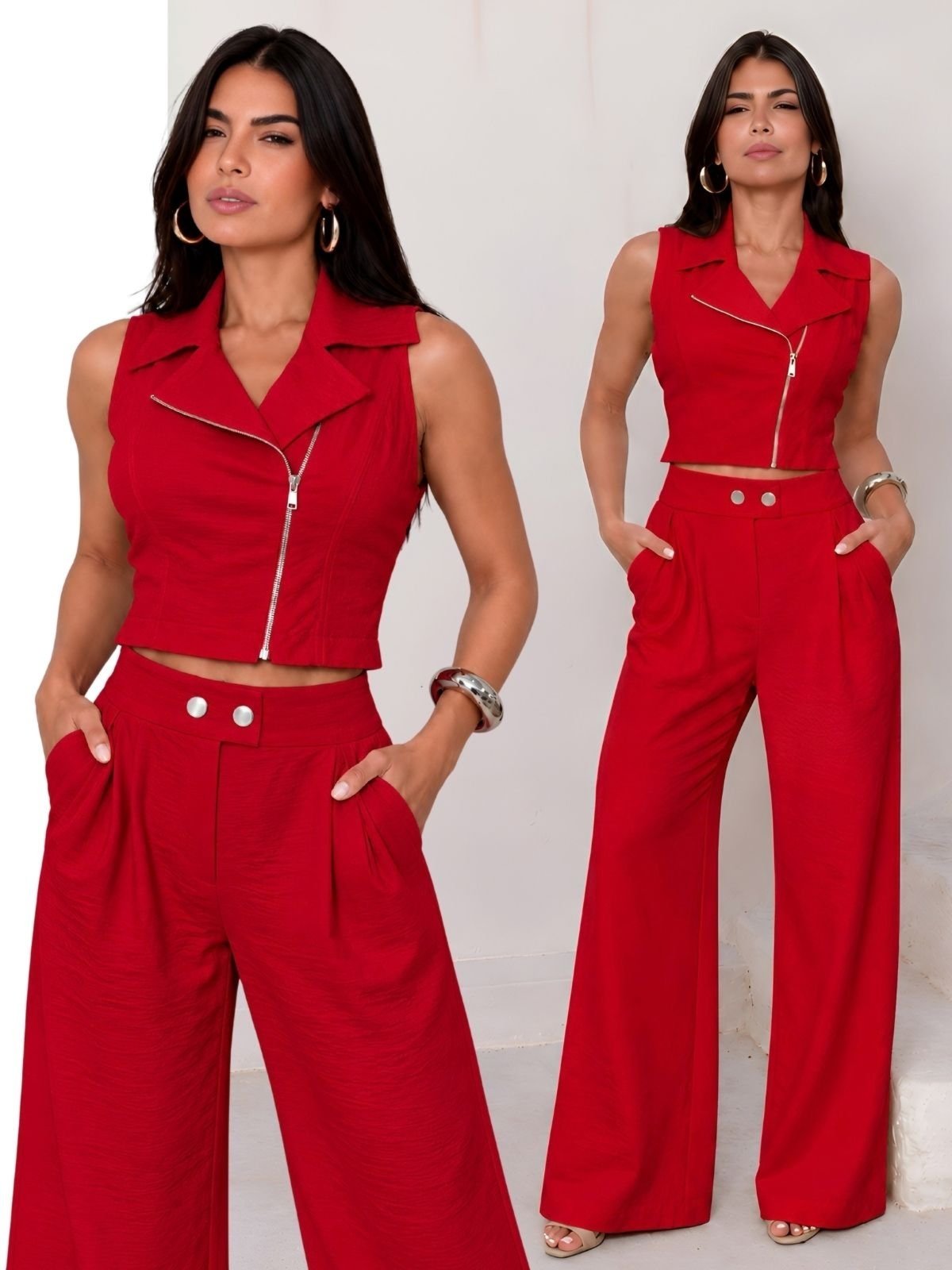 Conjunto Feminino Alfaiataria Colete com Zíper e Calça Pantalona Feminino - Vermelho