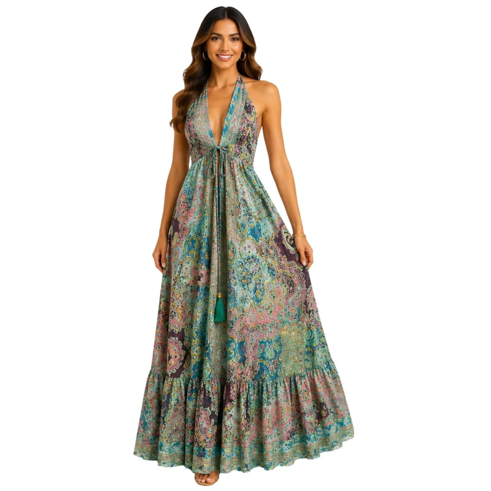 Vestido Longo Frente Única Estampado Boho Costas Abertas Feminino Verde