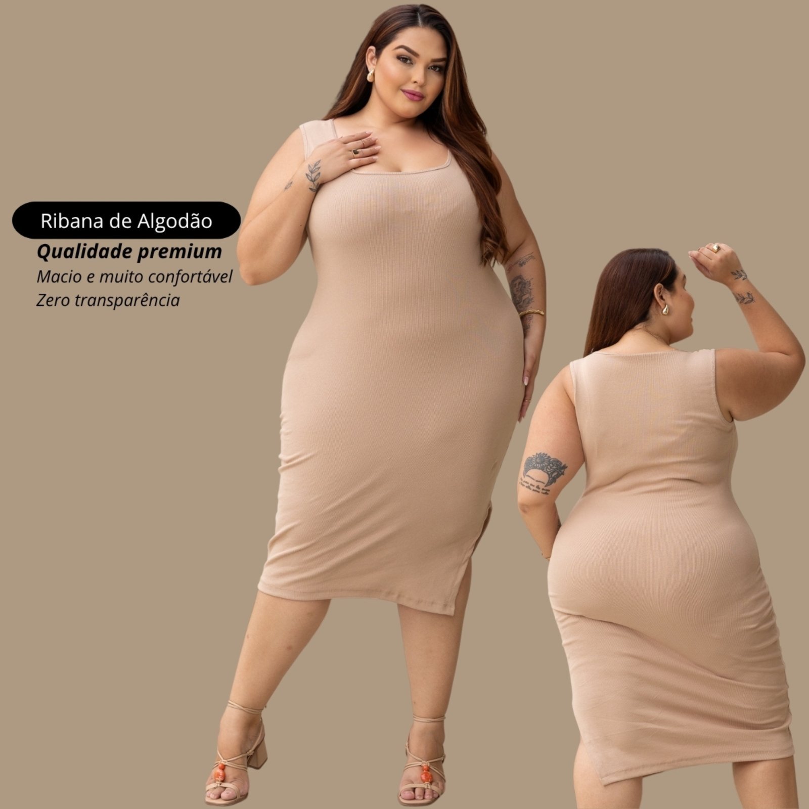 Vestido Garota Urbana Fashion Plus Size Nude feminino Ribana canelado premium sem manga