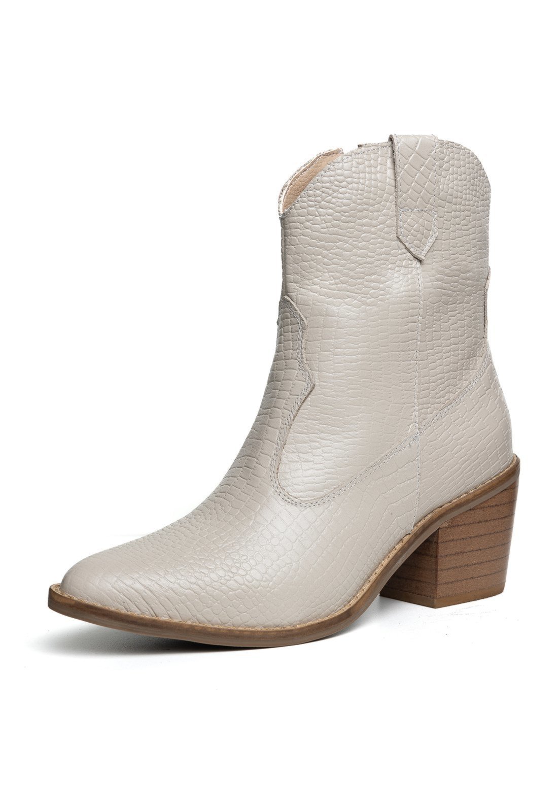 Bota Texana Western Bico Fino Cano Curto Country Couro Croco Off White Kuento Shoes