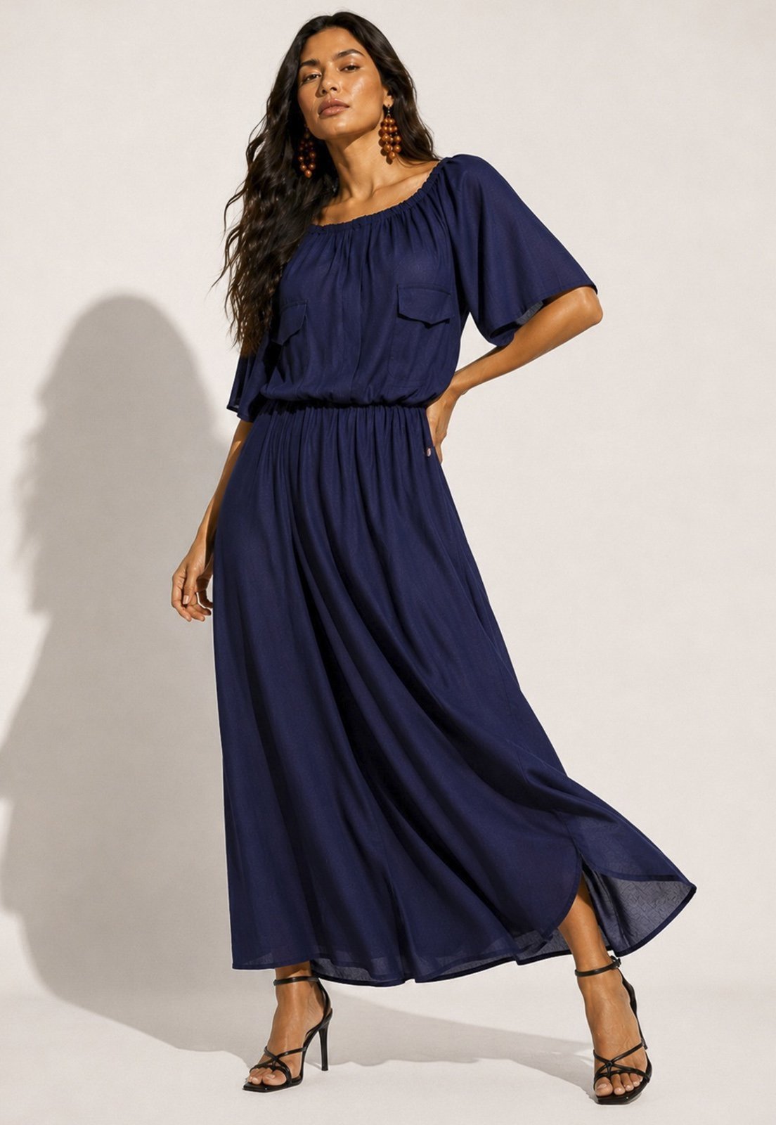 Vestido Midi Amazonia Vital Viscose Ciganinha Azul Marinho