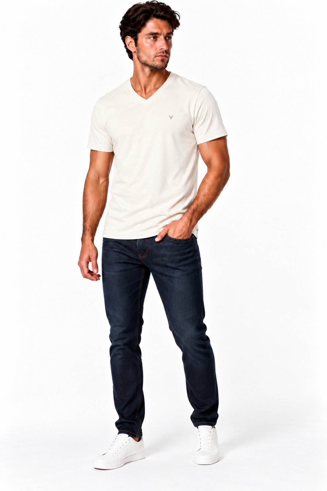 Camiseta Masculina D Bell Outlet Fashion Gola V em Algodão com Elastano Off White