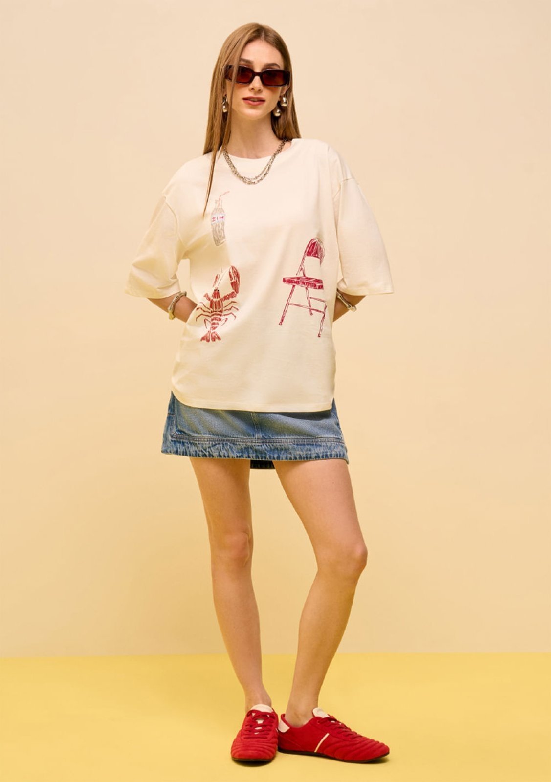 Camiseta Zinco Solta Decote Careca Manga Curta Alongada Off-white