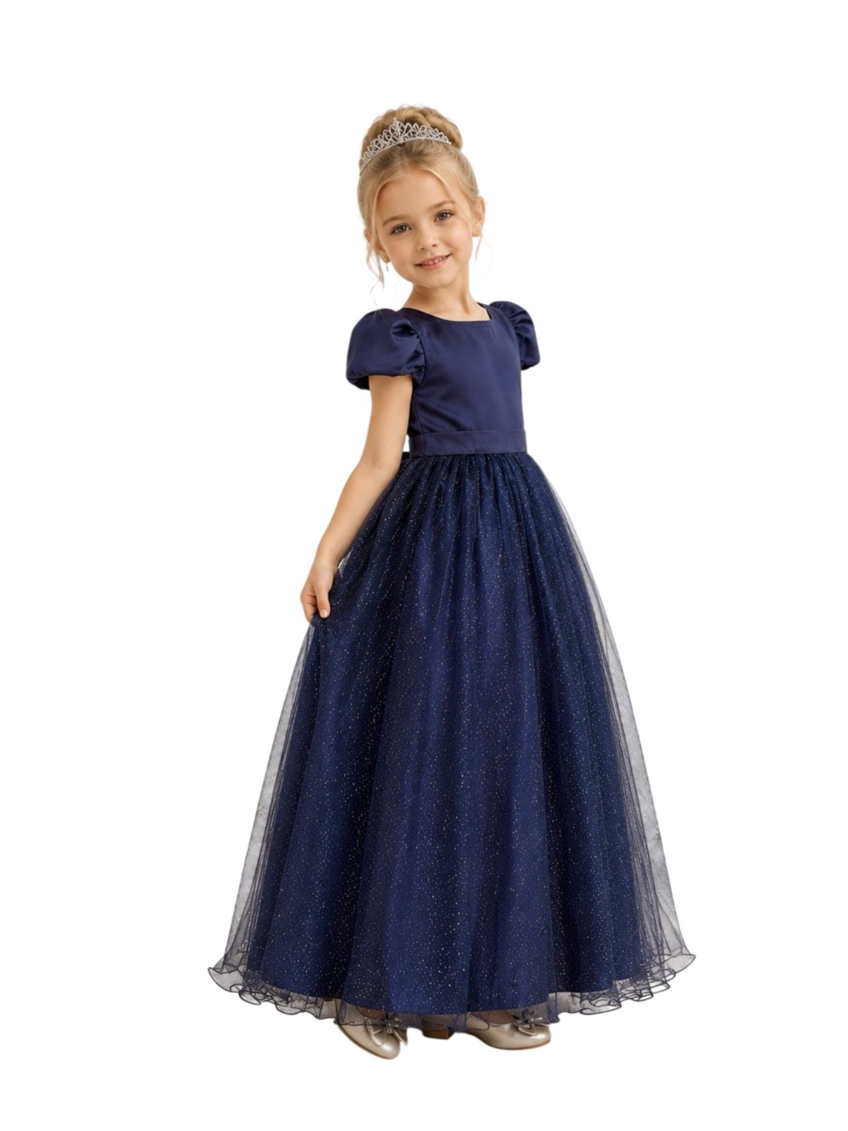 Infantil - Vestido Longo Menina Juvenil Festa Azul Marinho Brilho Formatura Casamento Juvenil Princesa Social Rodado Florista Dama Daminha Aniversário Luxo