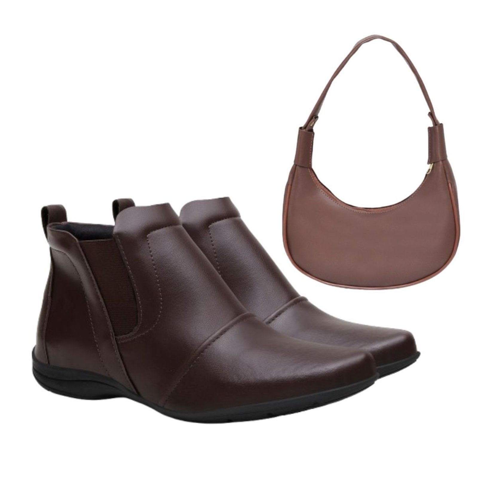 Kit Bota Casual Feminina Veritimo Cano Curto Sem Salto Chelsea Elástico Calce Fácil e Bolsa Café