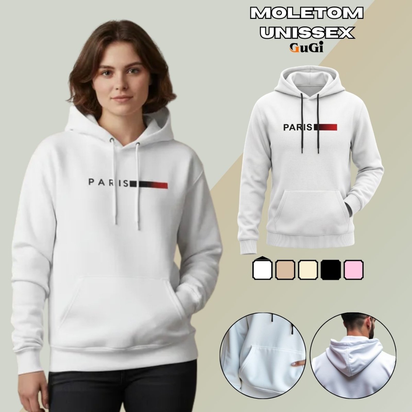 Moletom Canguru Unissex Com Capuz GuGi Paris Cidade - Branco
