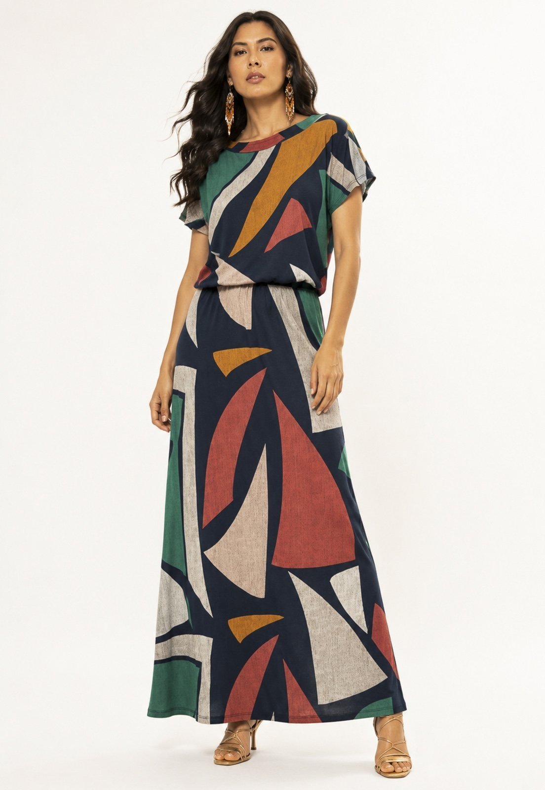 Vestido Longo Amazônia Vital Morcego Malha Estampa Geometrias do Tempo