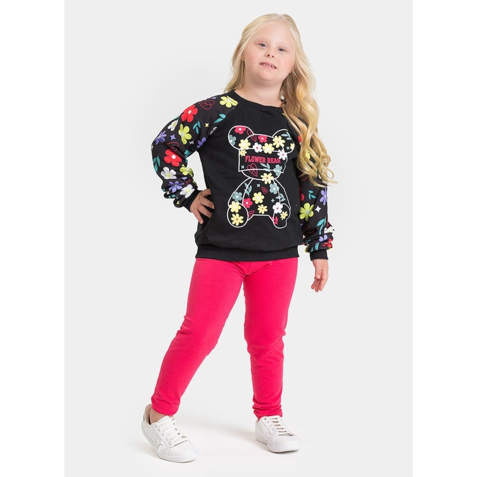 Infantil - Conjunto Inverno Menina Preto Blusão Raglan e Legging Urso Florido