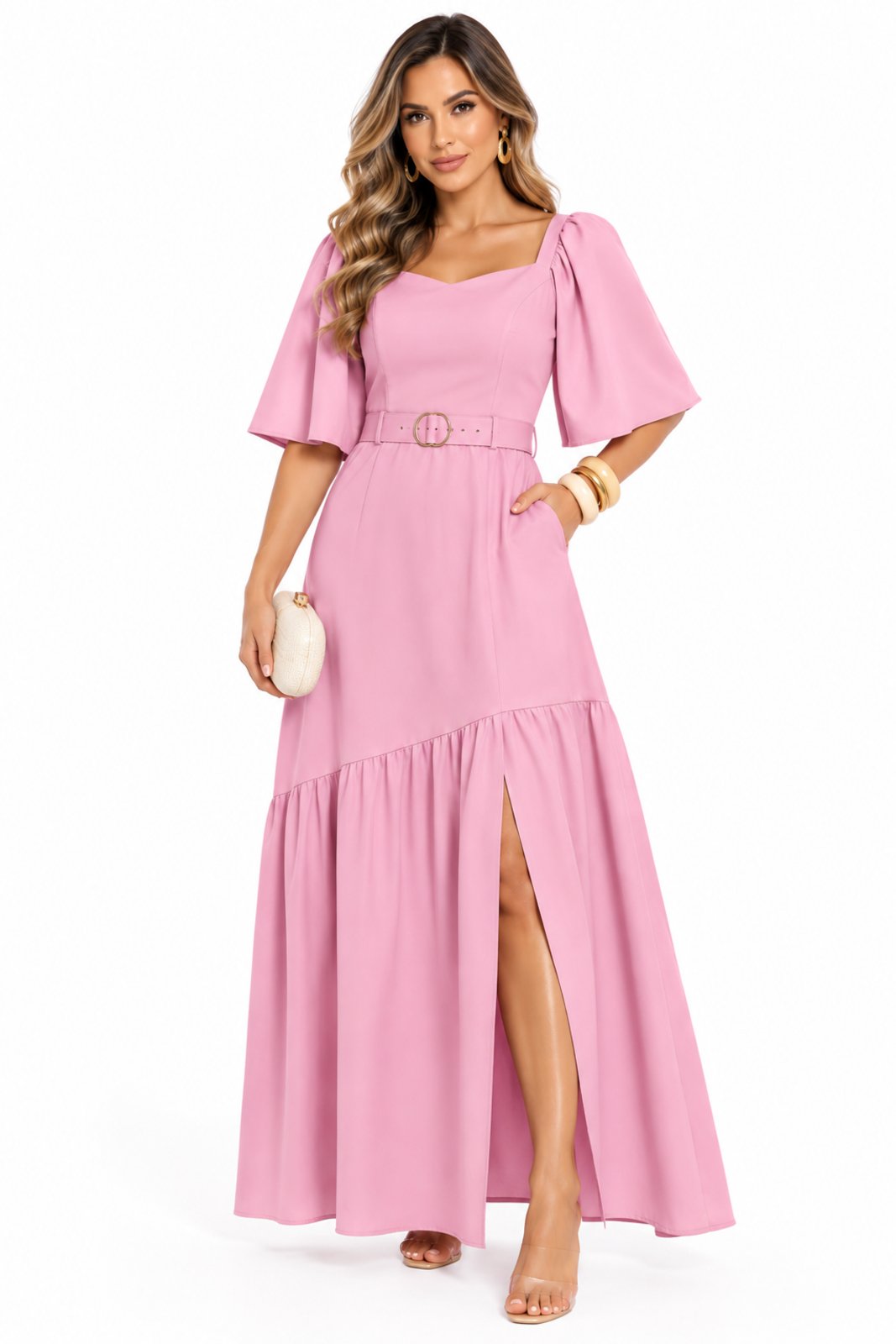 Vestido Longo D Bell Outlet Fashion Com Cinto e Fenda Rosa Chiclete