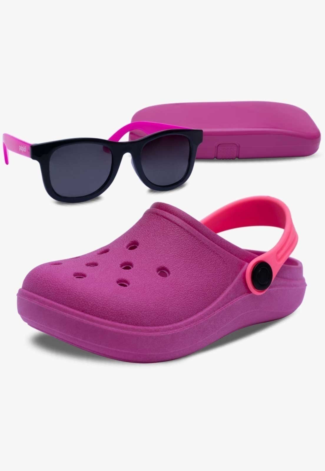 Infantil - Kit Óculos de Sol E Babuche Sandalia Pópidi Menina Rosa Pink