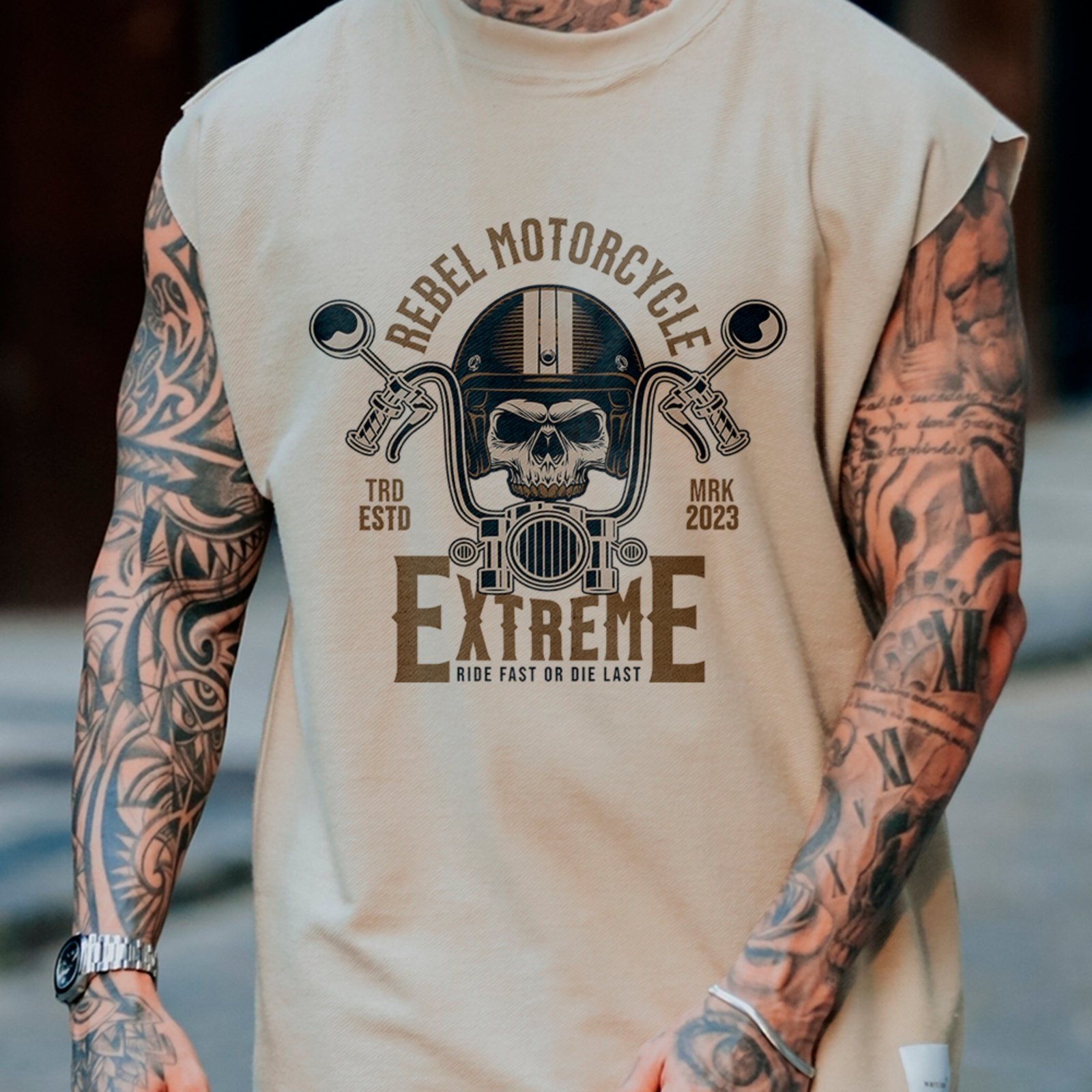 Camiseta Regata Machão Skull Motorcycle Extreme Style Off White