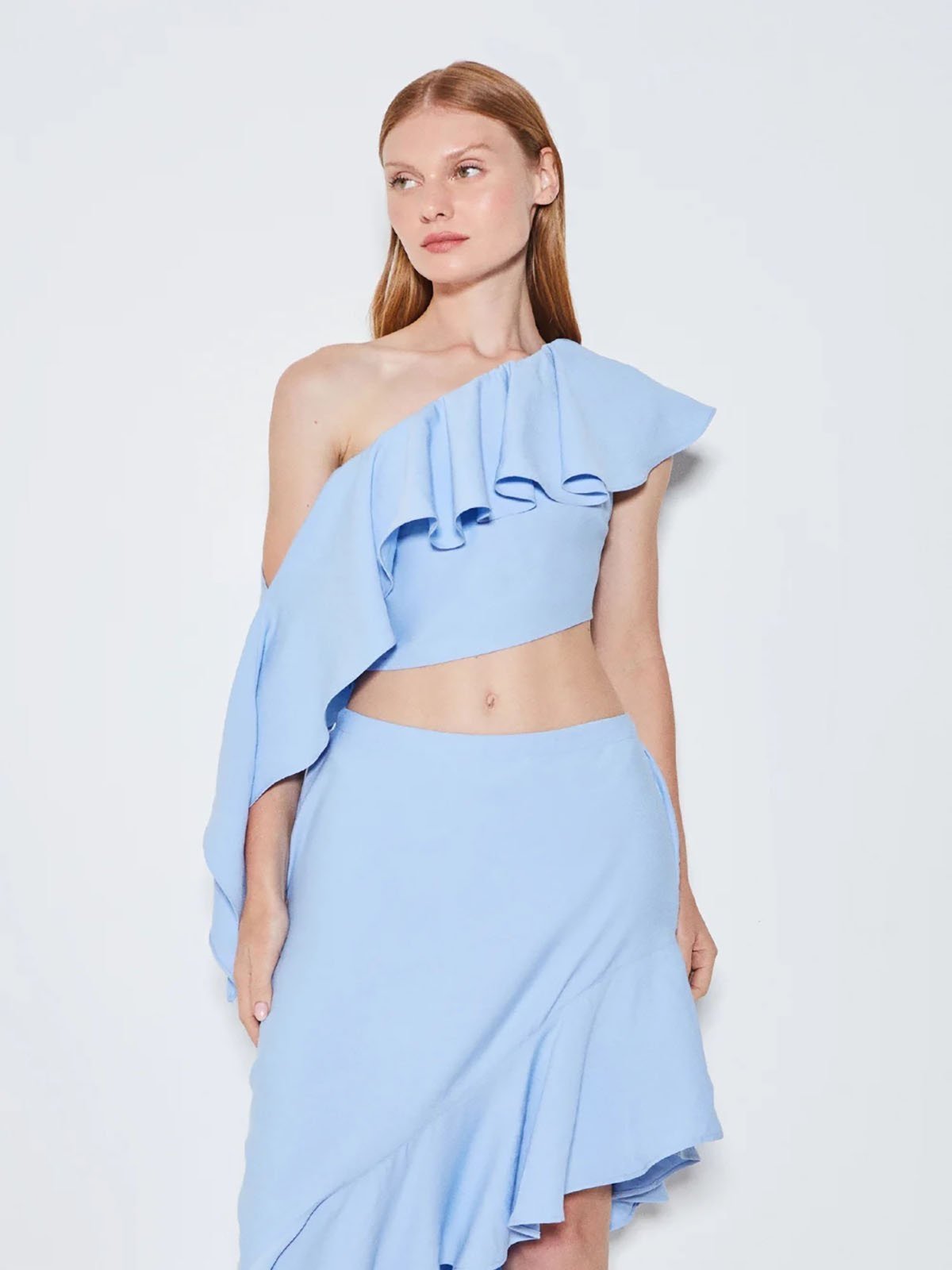 Blusa Cropped Um Ombro Só Zen Babado Assimétrico Azul
