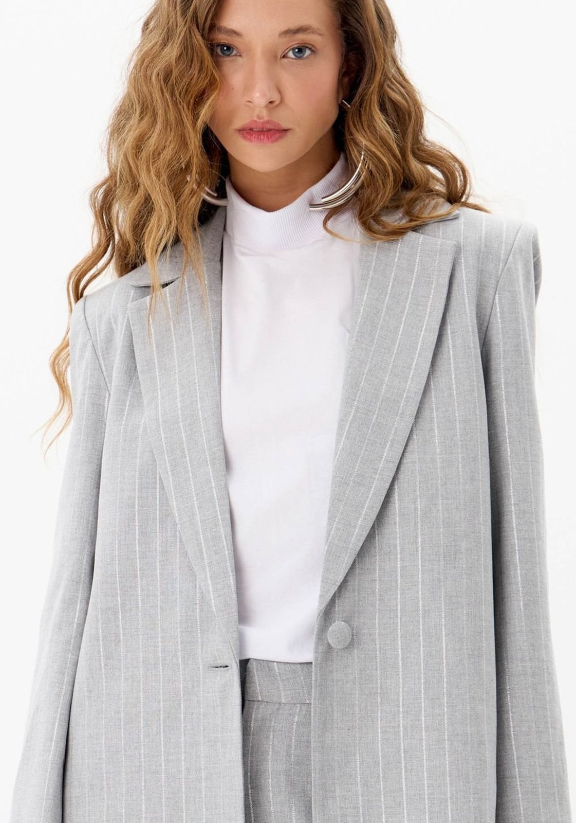 Vista 3 Blazer Alfaiataria Oversized com Risca de Giz My Favorite Things cinza My Favorite Things cinza