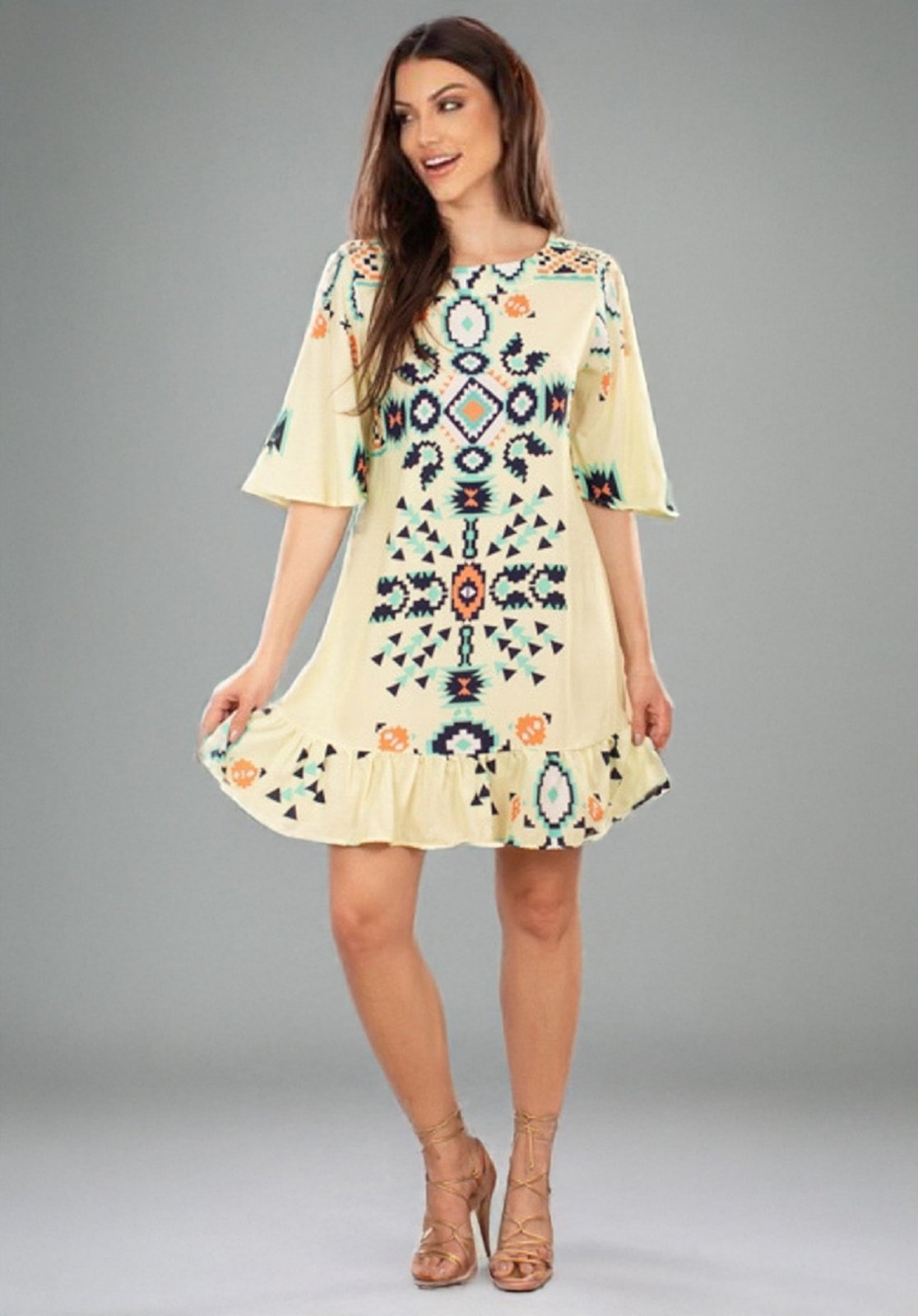 Vestido Curto Amazonia Vital Viscose Estampa Paisey Creme