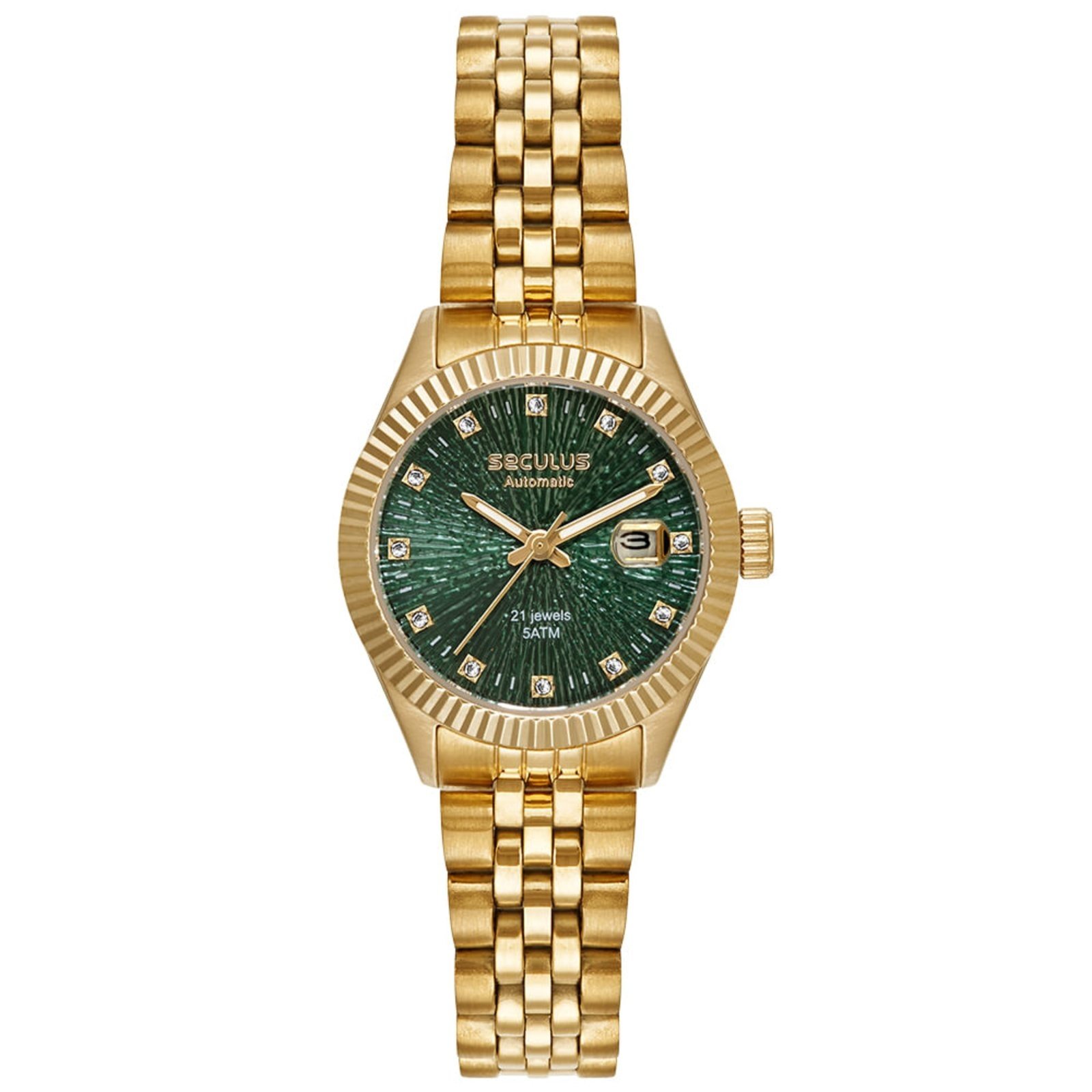 Vista 2 Relógio Feminino Seculus Automático Visor Verde dourado verde dourado verde