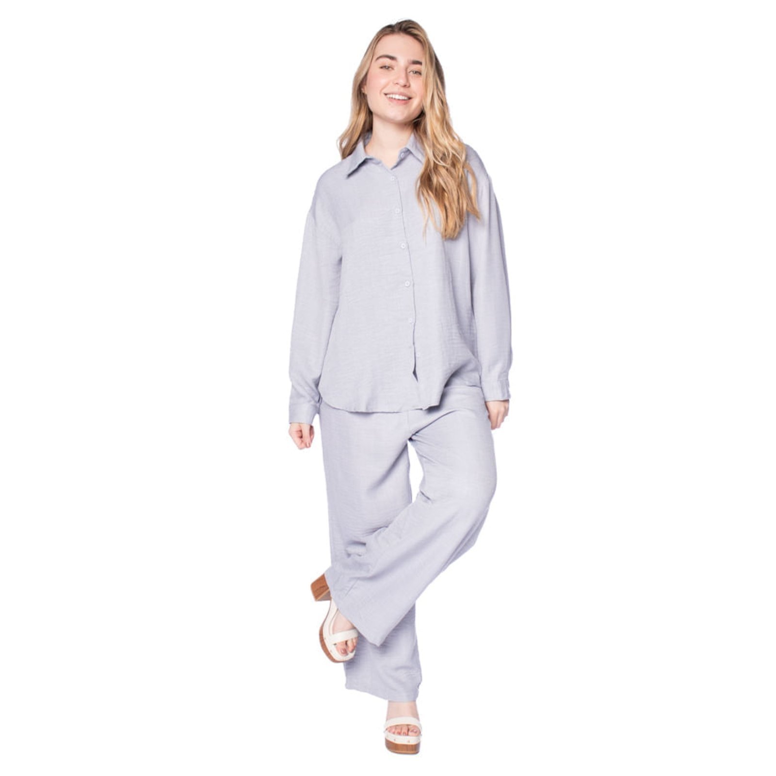 Conjunto Feminino Pellini Camisa e Calça Wide Leg Azul Claro