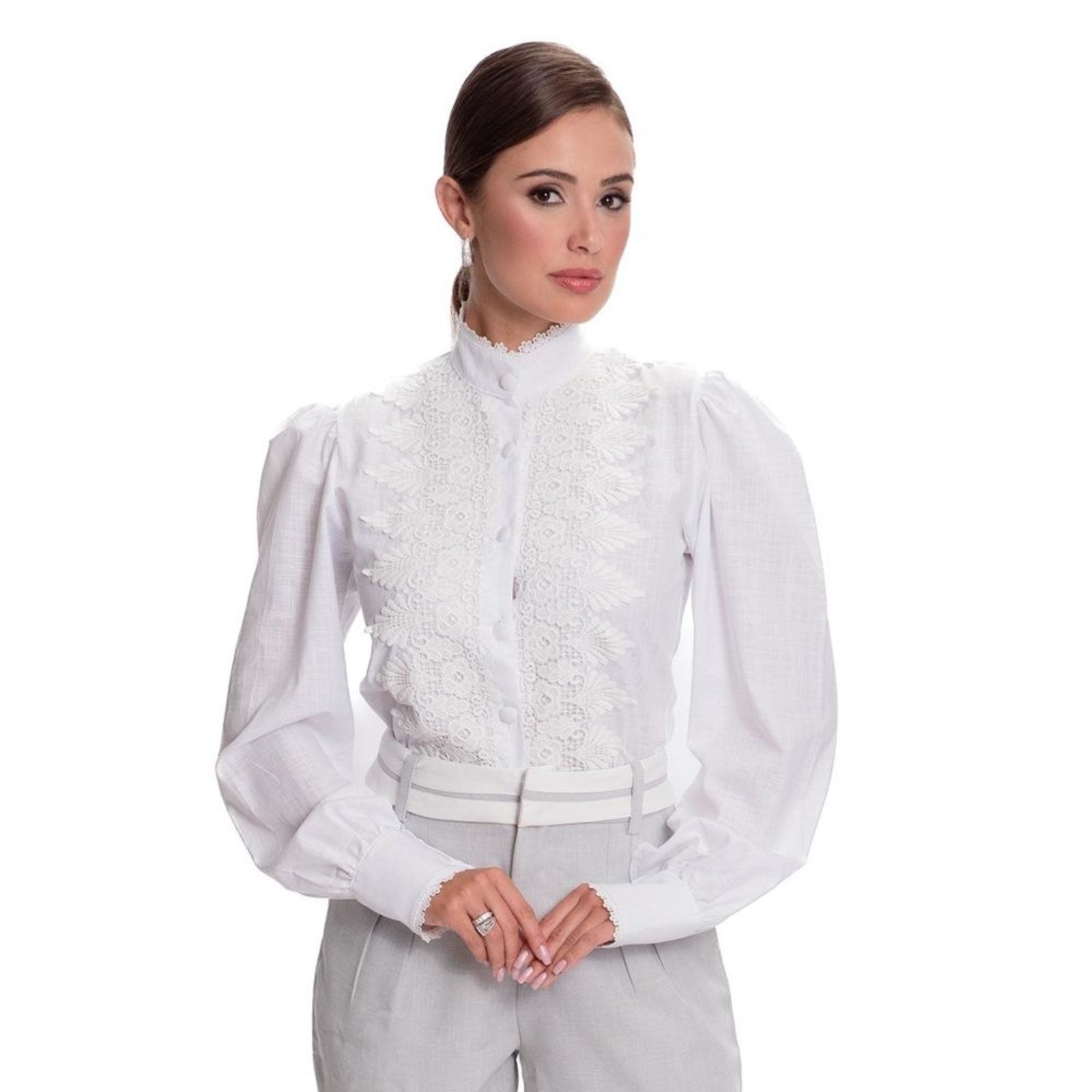 Camisa Social Feminina Rendada Luxo Moderna Teodoro Glamour Azul Marinho G Branco