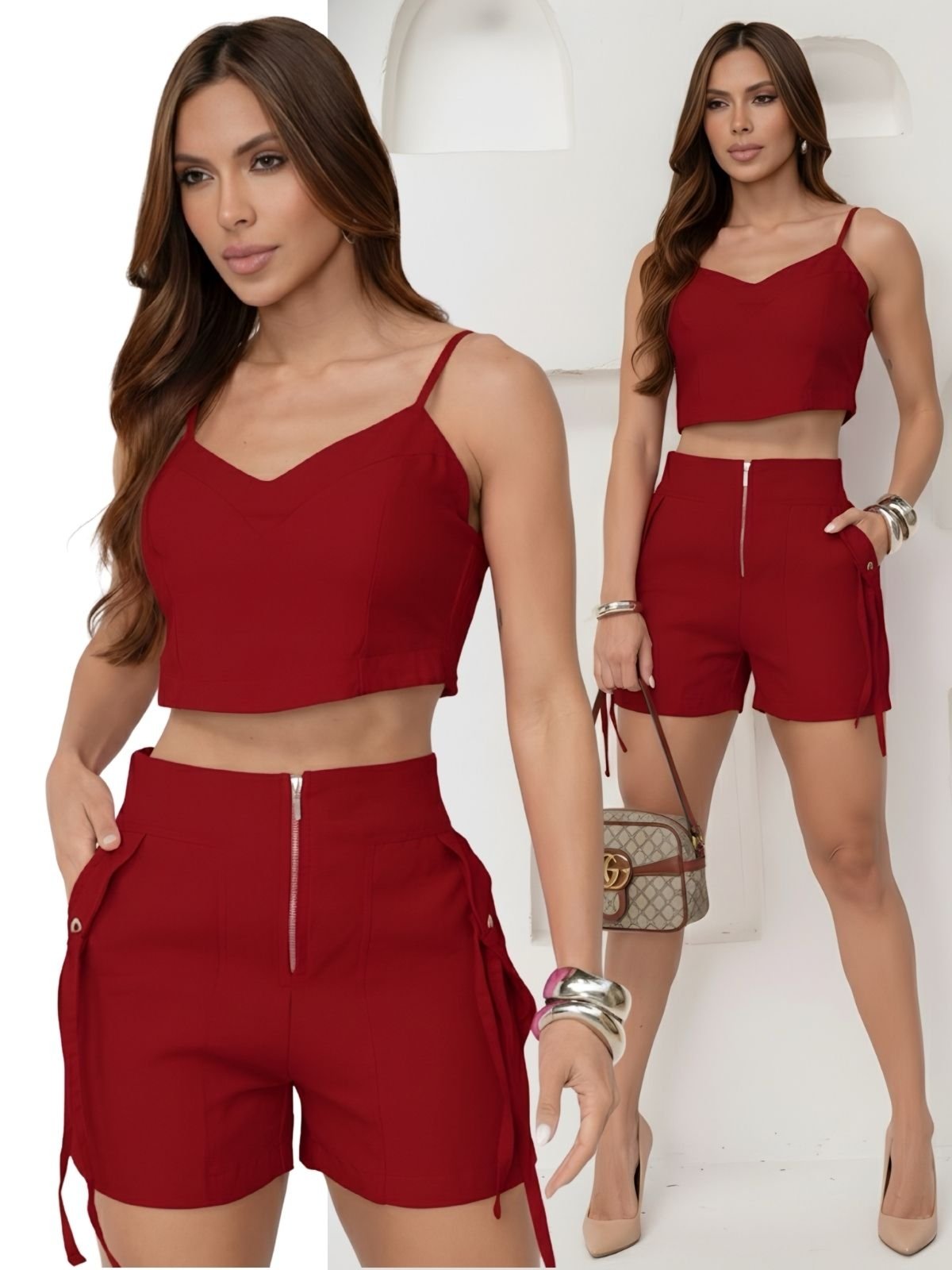 Conjunto Divina Gata Cropped e Shorts Vermelho Allegro