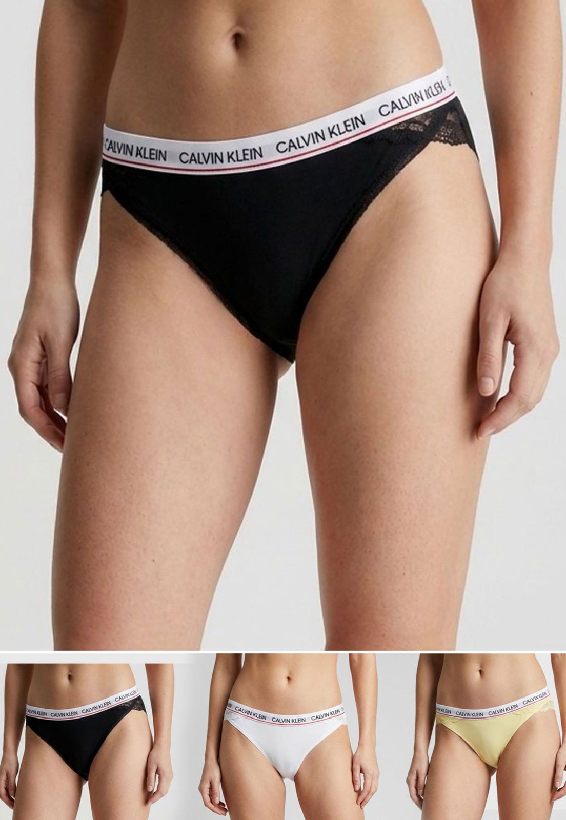 Vista 2 Kit 3 Calcinhas Femininas Calvin Klein Fio Dental Renda e Microfibra Branca Preta e Amarela Calvin Klein Underwear preto Calvin Klein Underwear preto