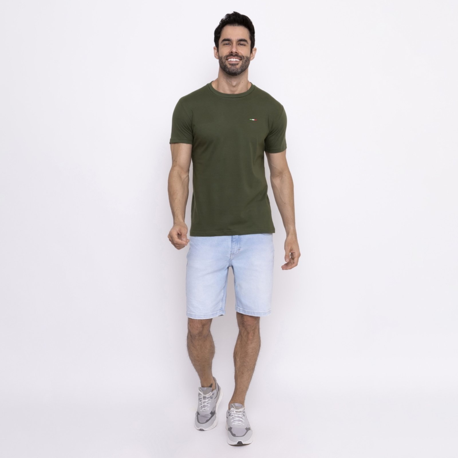 Camiseta Masculina Básica Industrie com Bordado no Estilo Tommy Algodão Premium Itália Verde Militar