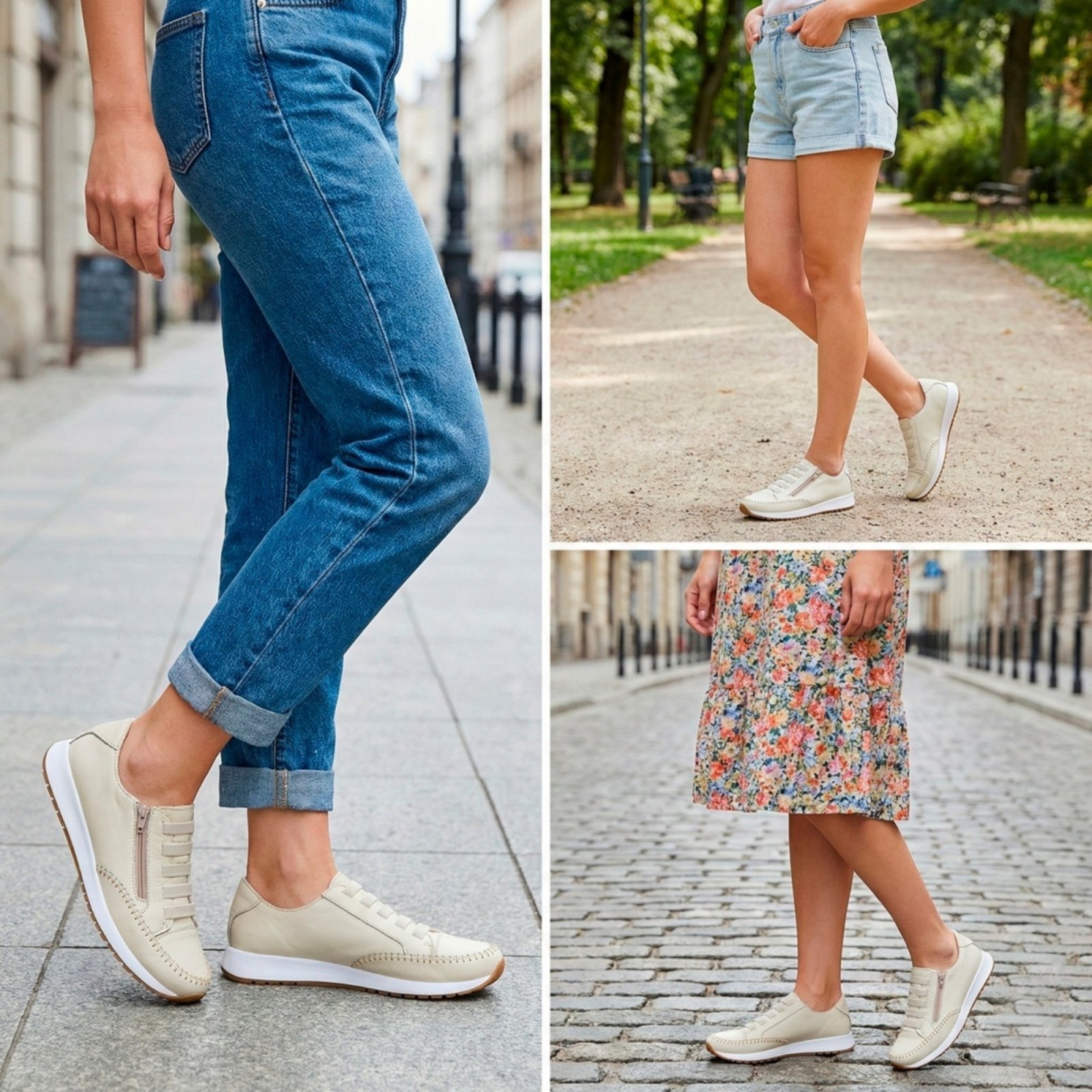 Vista 2 Tênis Feminino Estilo Jogger Calce Facil Em Couro Legítimo Footworks bege Footworks bege