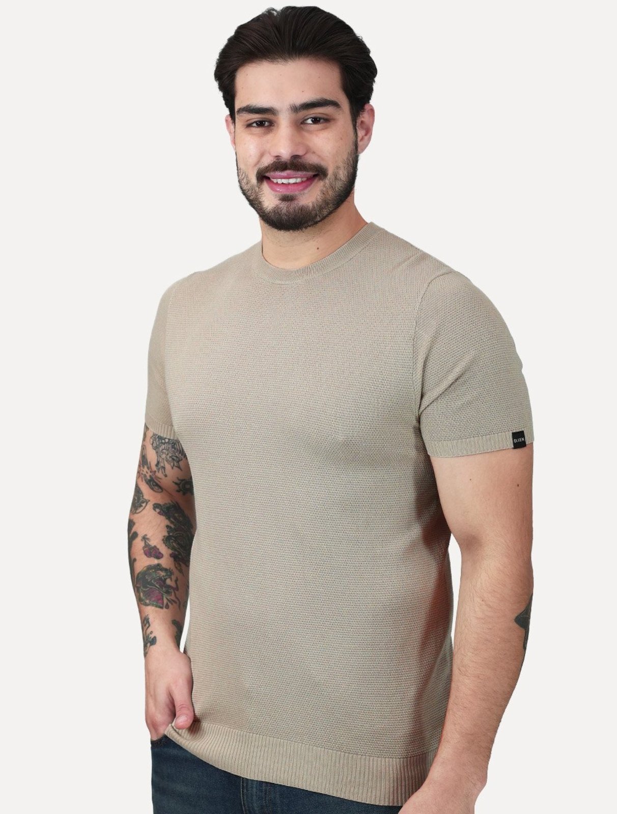 Camiseta Dixen Masculina Tricot Manga Curta Gola Careca Areia