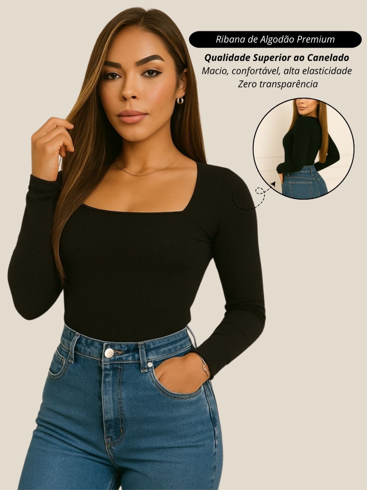 Blusa feminino cacharrel preto Garota Urbana Fashion Outono inverno casual diario basico ribana canelado algodão