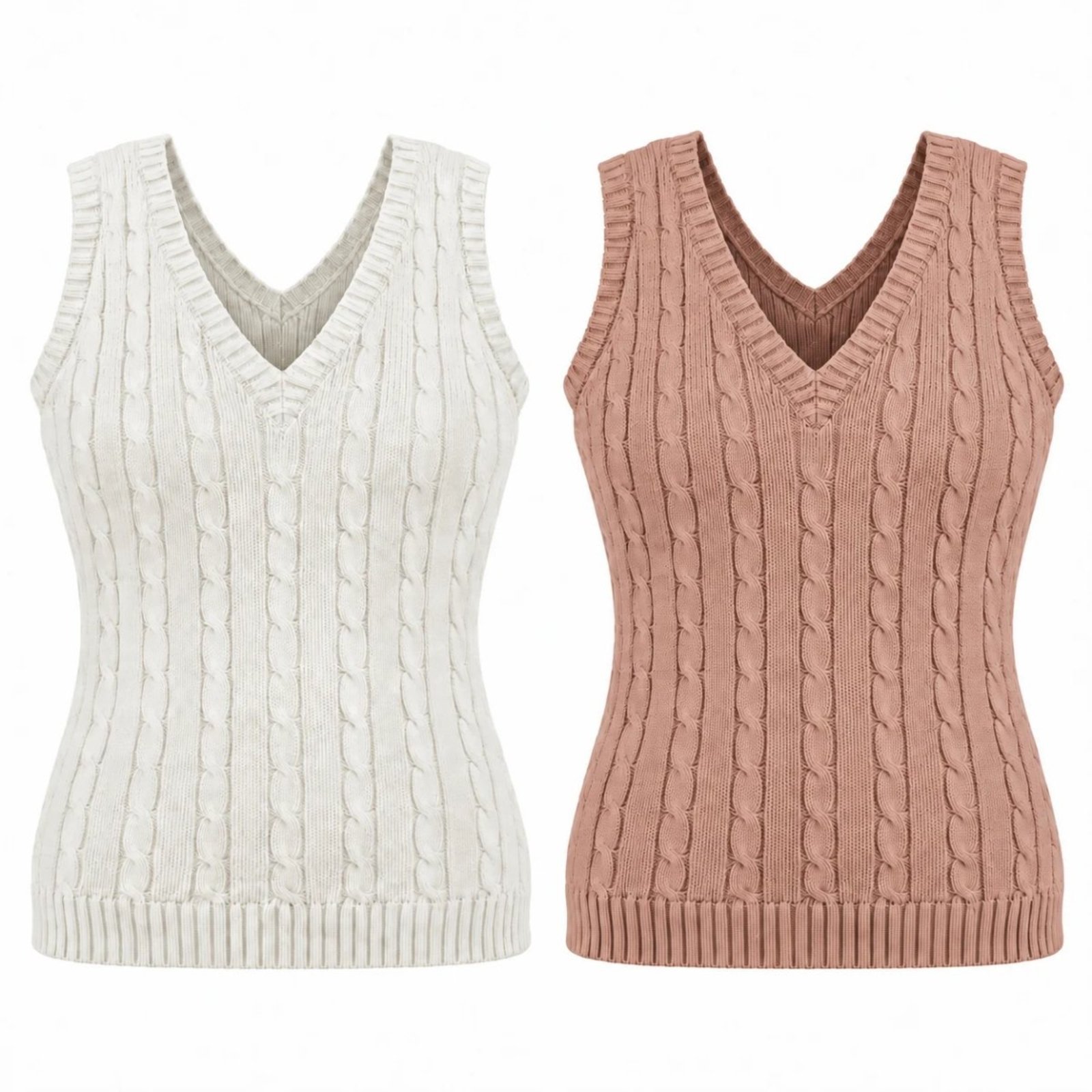 Kit 2 Regatas Femininas Tricô Trançado Decote V Blusa Sem Manga Branco