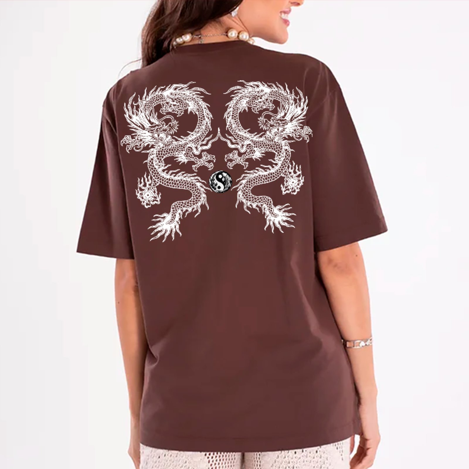 Camiseta Oversized Premium Dragão Oriental Yin Yang Street Unissex Marrom