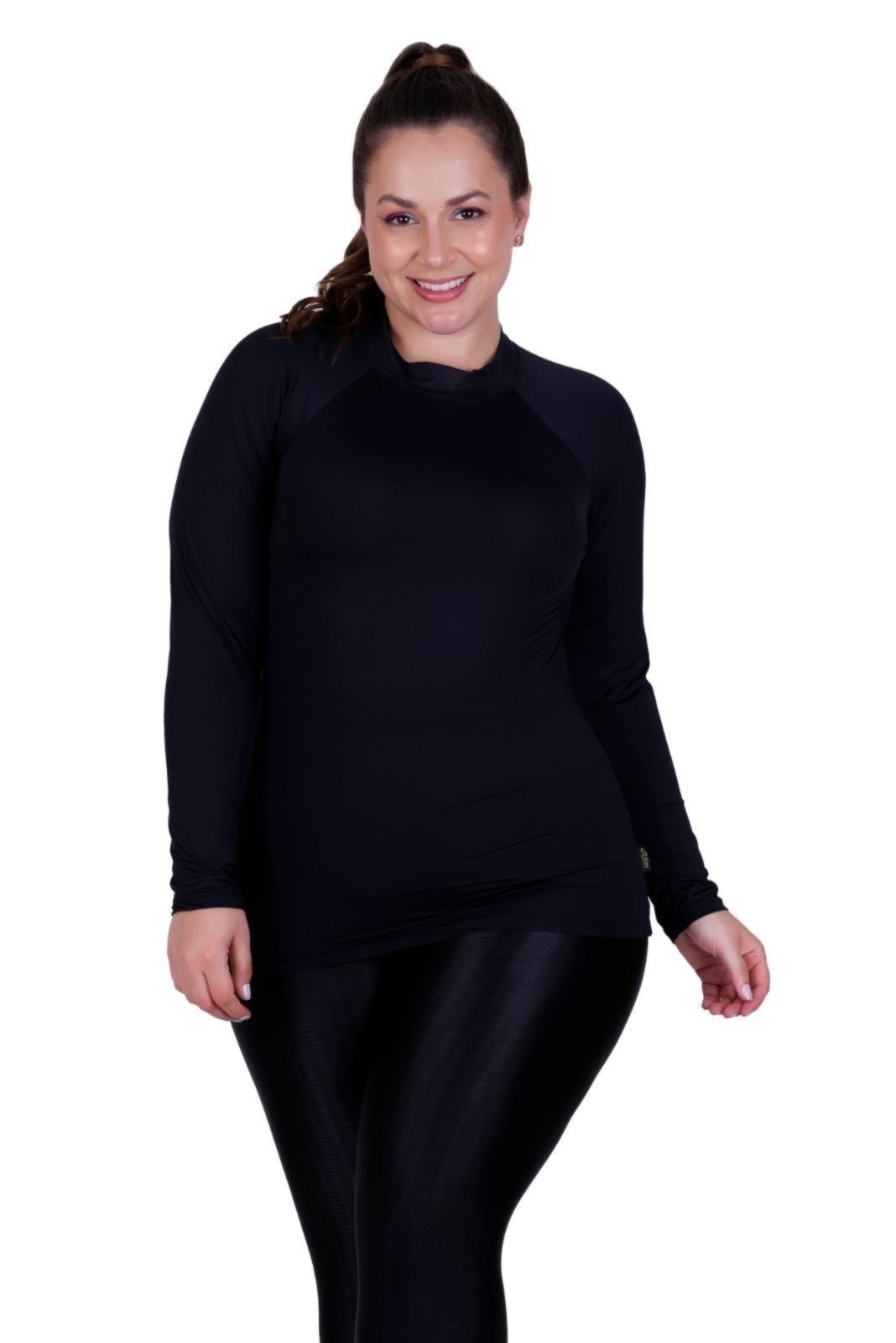 Blusa Plus Size Proteção Solar UV 50+ Terra e Mar Camisa Térmica Segunda Pele Frio e Calor Feminina Inverno Frio Preto