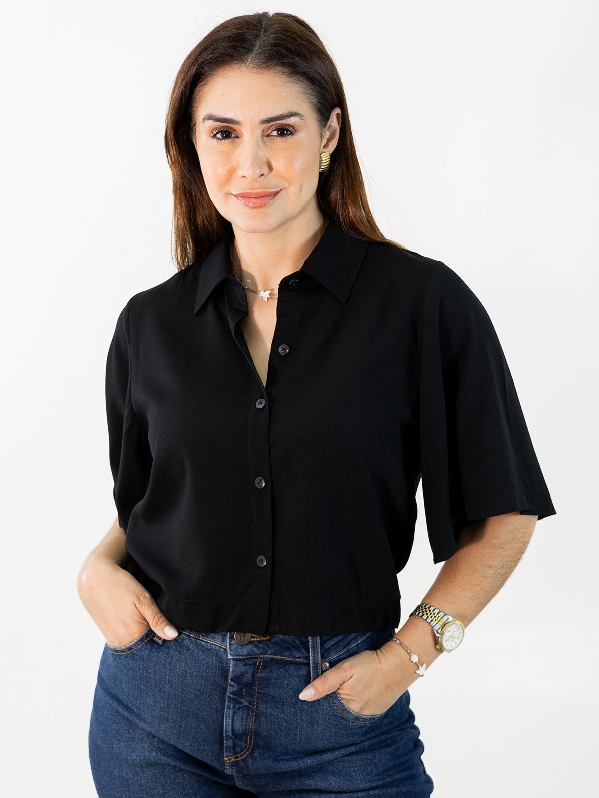 Blusa Feminina Cropped Alfaiataria Manga Ampla Botões Anticorpus