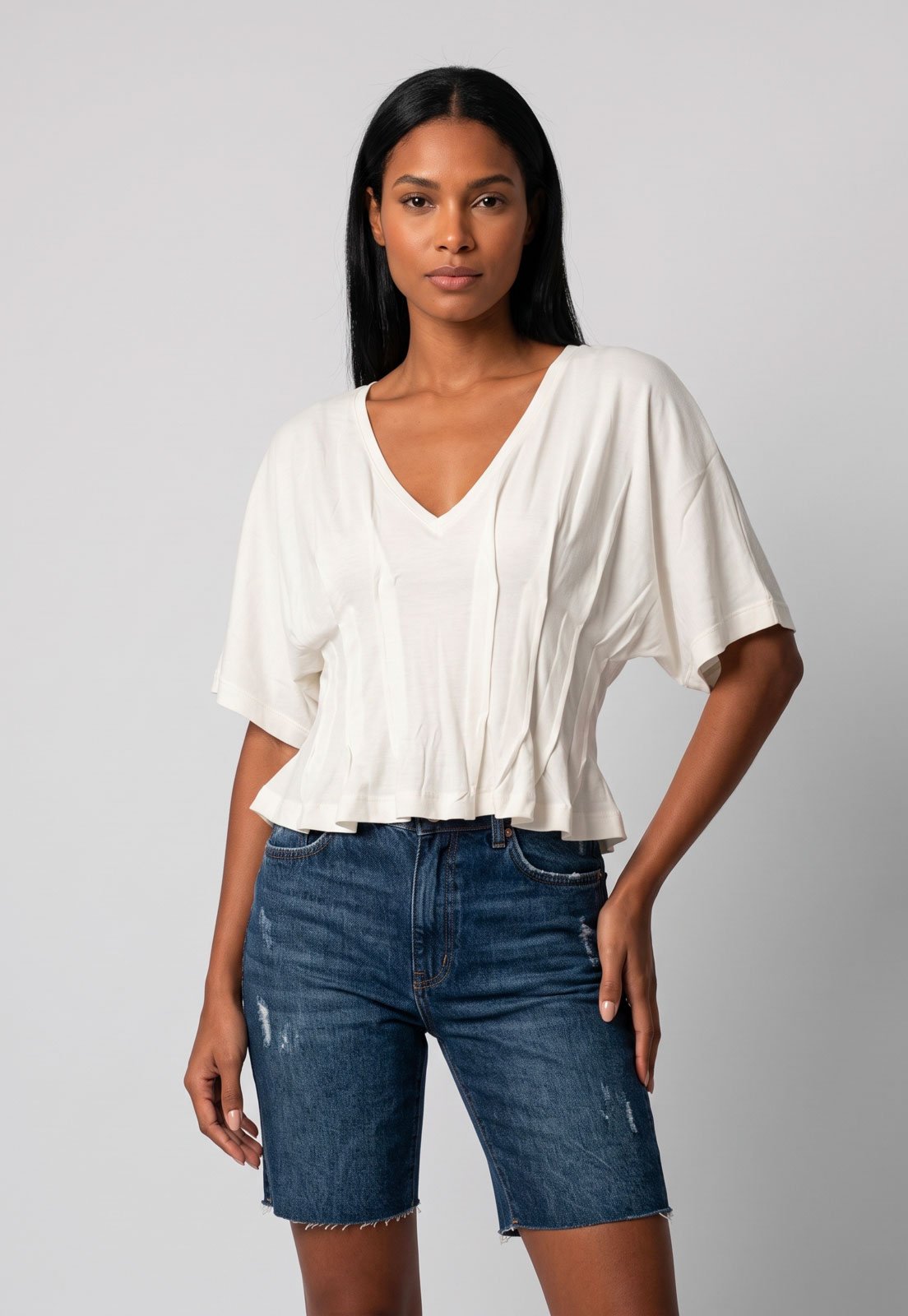 Blusa Feminina Cantão Decote V Pregas Branca