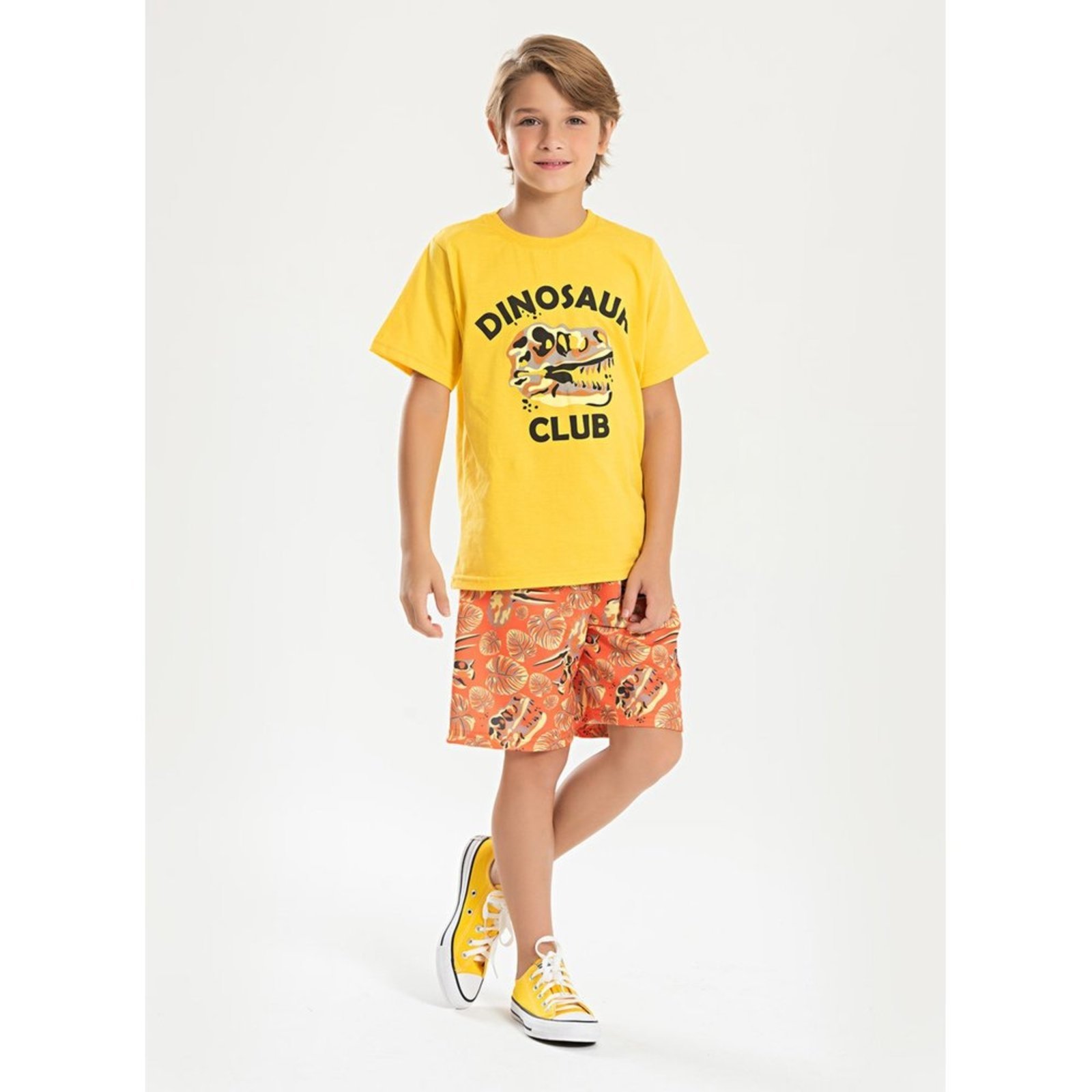 Infantil – Conjunto Verão Menino Amarelo Camiseta e Bermuda Com Cadarço Clube do Dino
