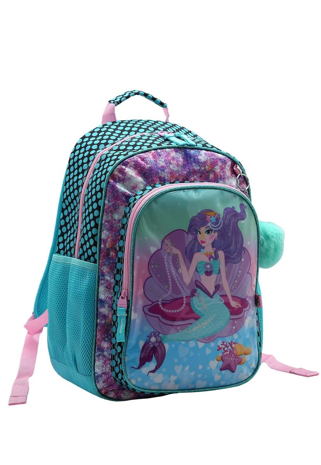 Mochila Escolar Menina Sereia com Pompom e Bolso Lateral