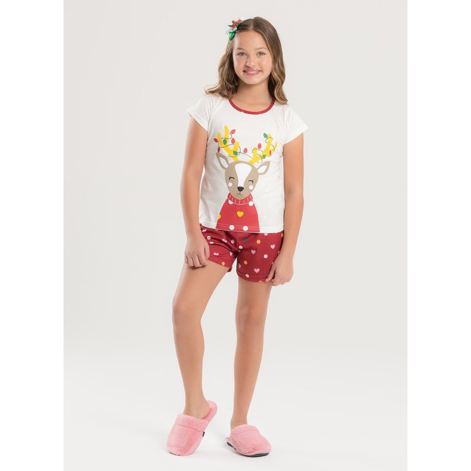 Pijama Natal Verão Menina Natural Blusa e Shorts Rena Natalina
