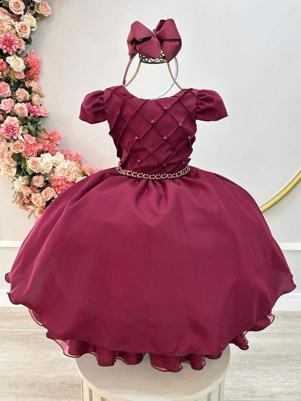 Infantil - Vestido Menina Juvenil Festa Marsala Bordô Vinho Pérolas Formatura Casamento Juvenil Princesa Social Rodado Florista Dama Daminha Aniversário Luxo