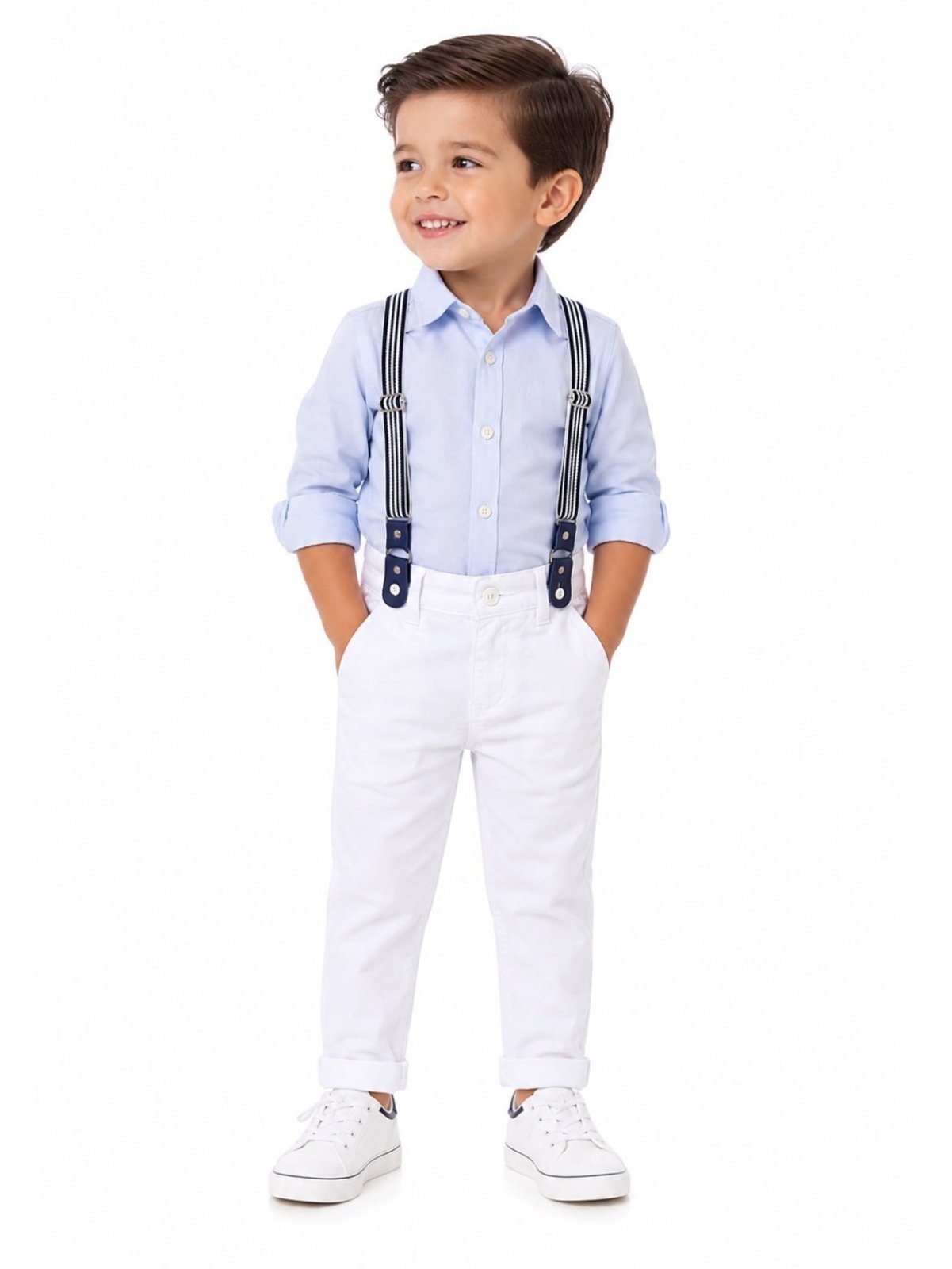 Infantil – Calça Sarja Branca Skinny c/ Suspensório Menino